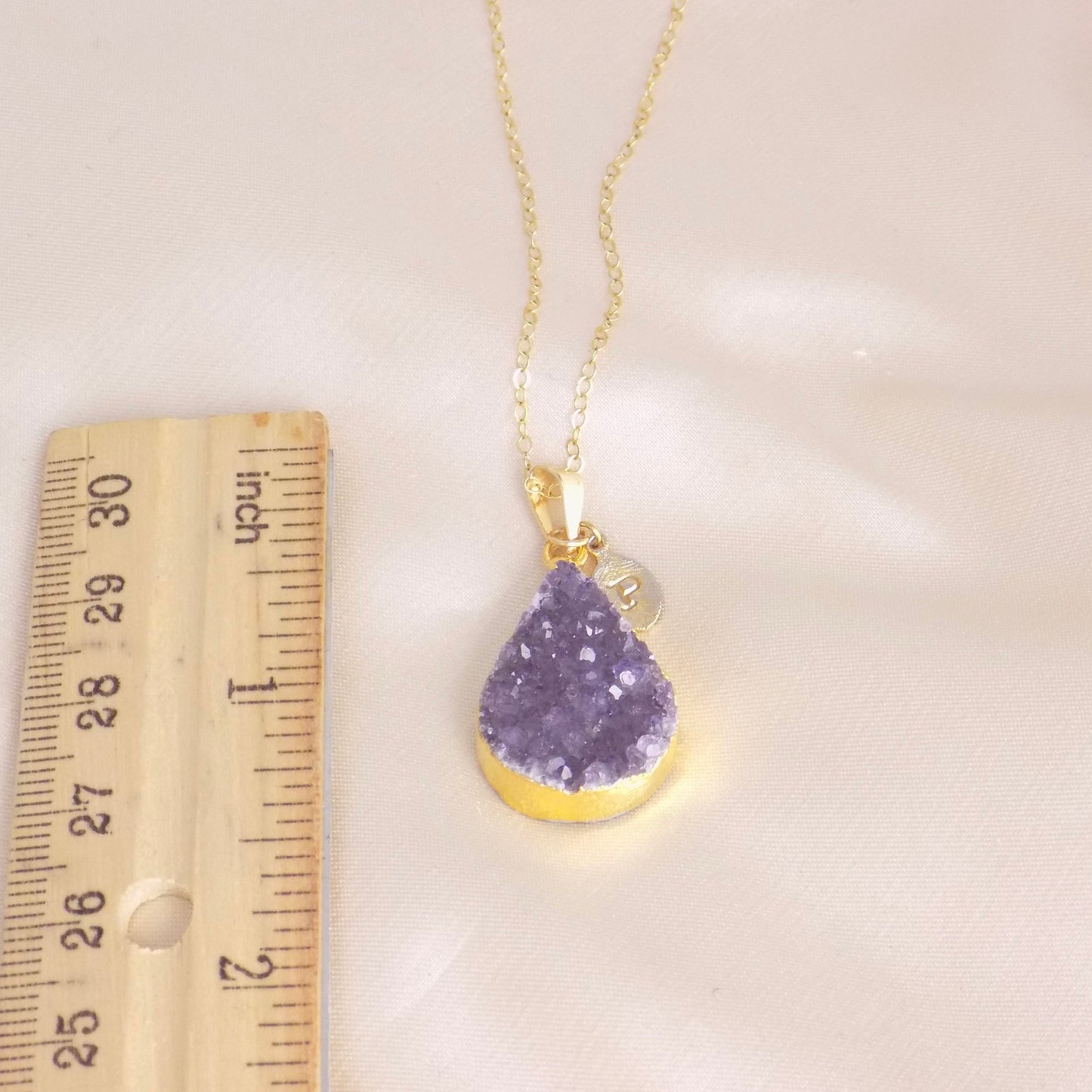 Personalized Amethyst Necklace Gold, Teardrop Druzy Pendant, 14K Gold Filled Chain, Christmas Gift For Wife, G14-742
