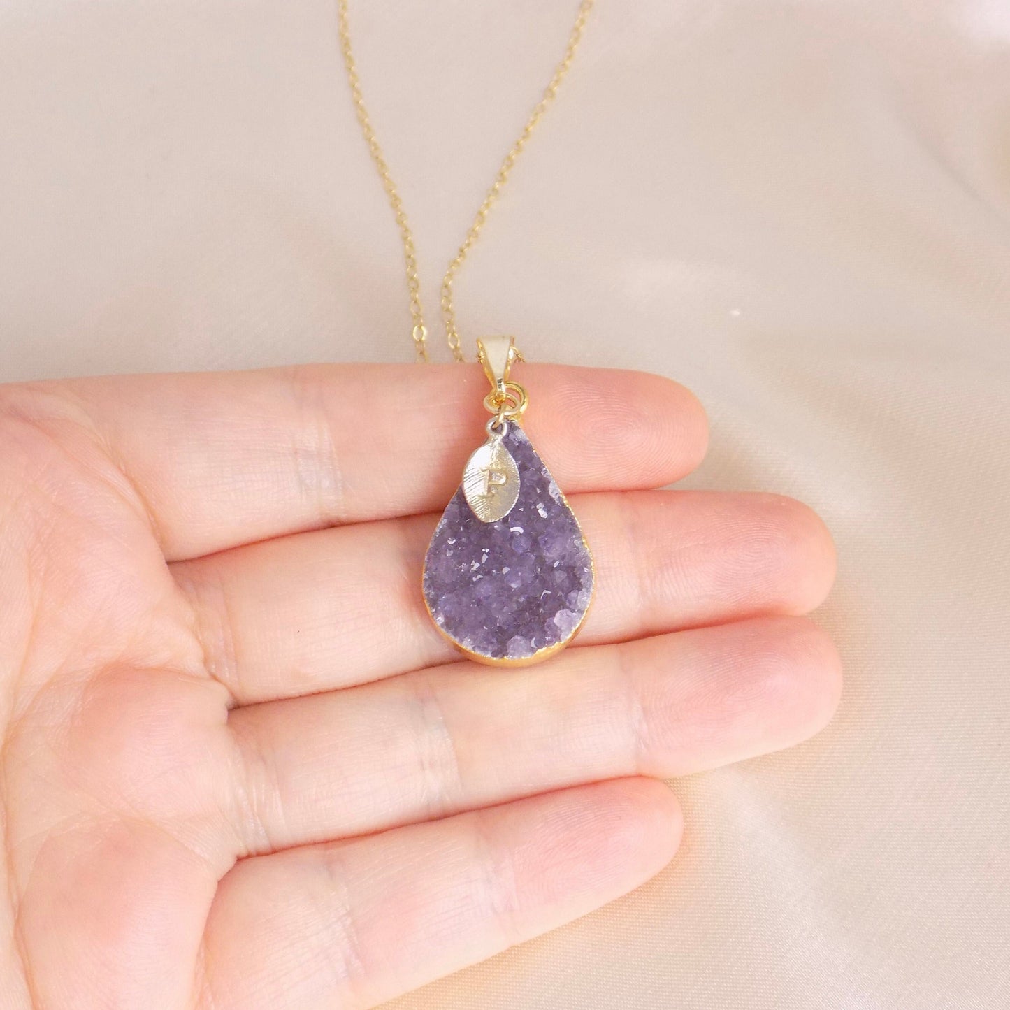 Personalized Amethyst Necklace Gold, Teardrop Druzy Pendant, 14K Gold Filled Chain, Christmas Gift For Wife, G14-742