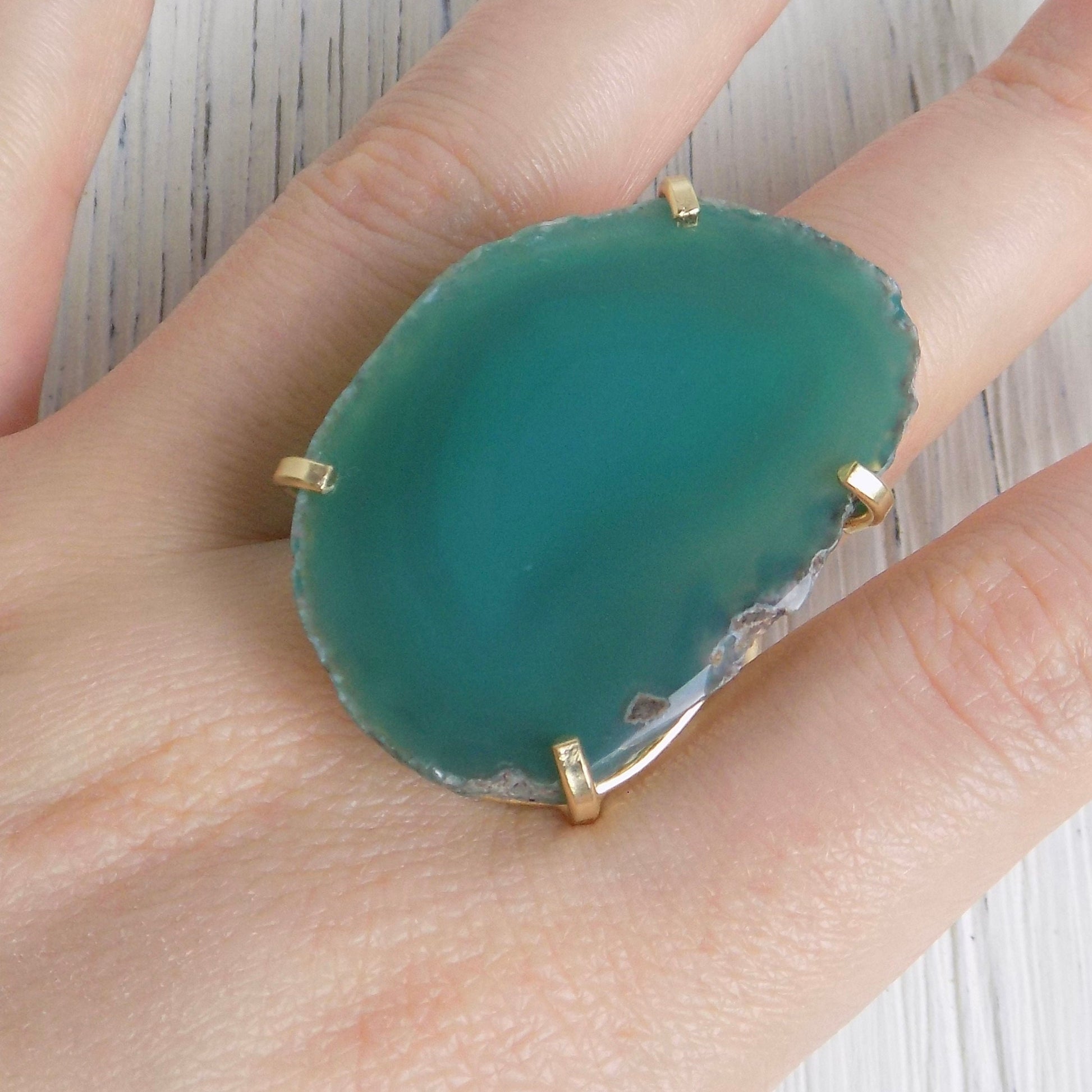 Emerald Green Large Agate Slice Gemstone Ring, Boho Statement Raw Crystal Ring Adjustable Gold Dipped, G13-391