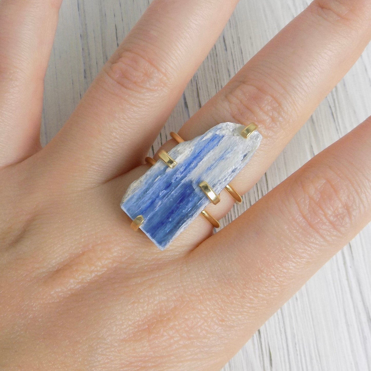 Unique Blue Kyanite Ring with Gold Plated Adjustable Band, Valentines Day Gift, G13-303