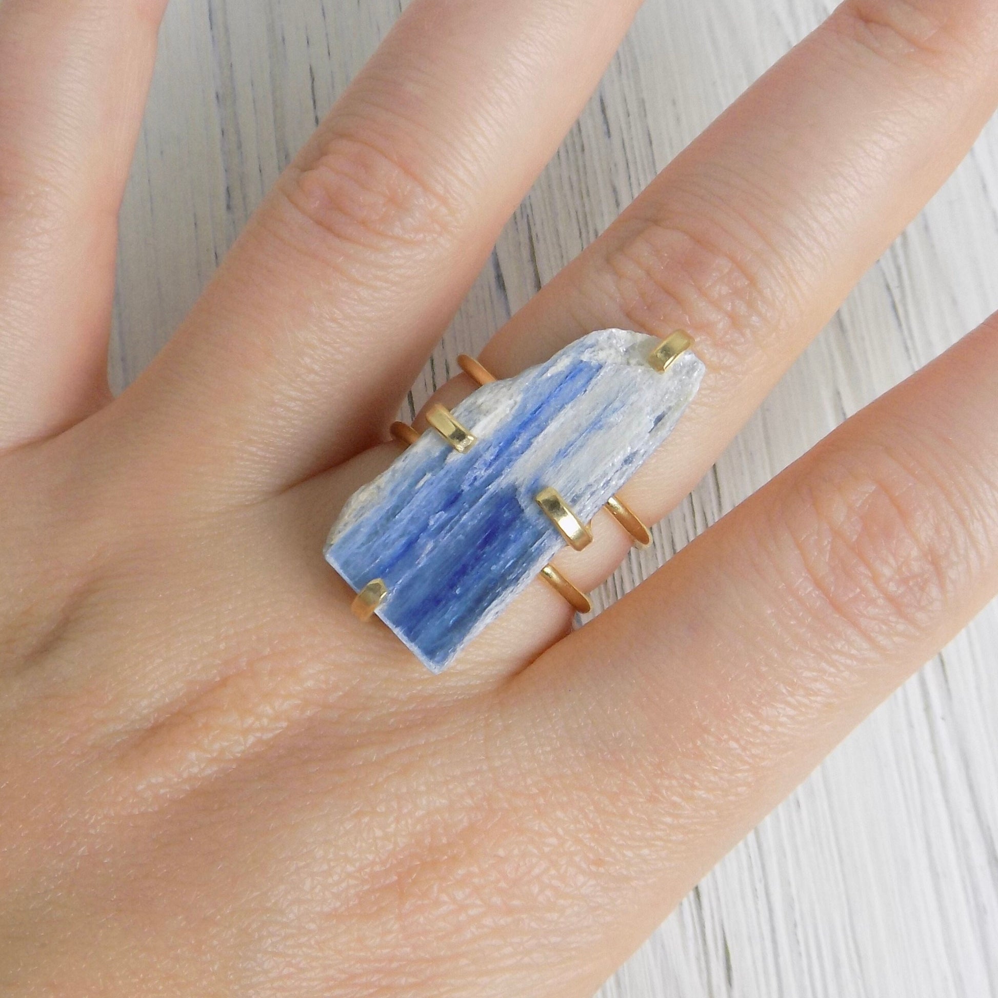 Unique Blue Kyanite Ring with Gold Plated Adjustable Band, Valentines Day Gift, G13-303