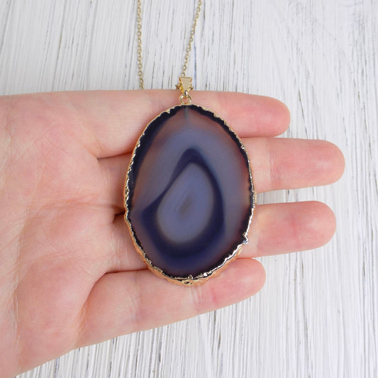 Unique Crystal Necklace, Black Agate Necklace Gold, Long Slice Pendant Necklaces Women's, Gifts For Mom, G14-208
