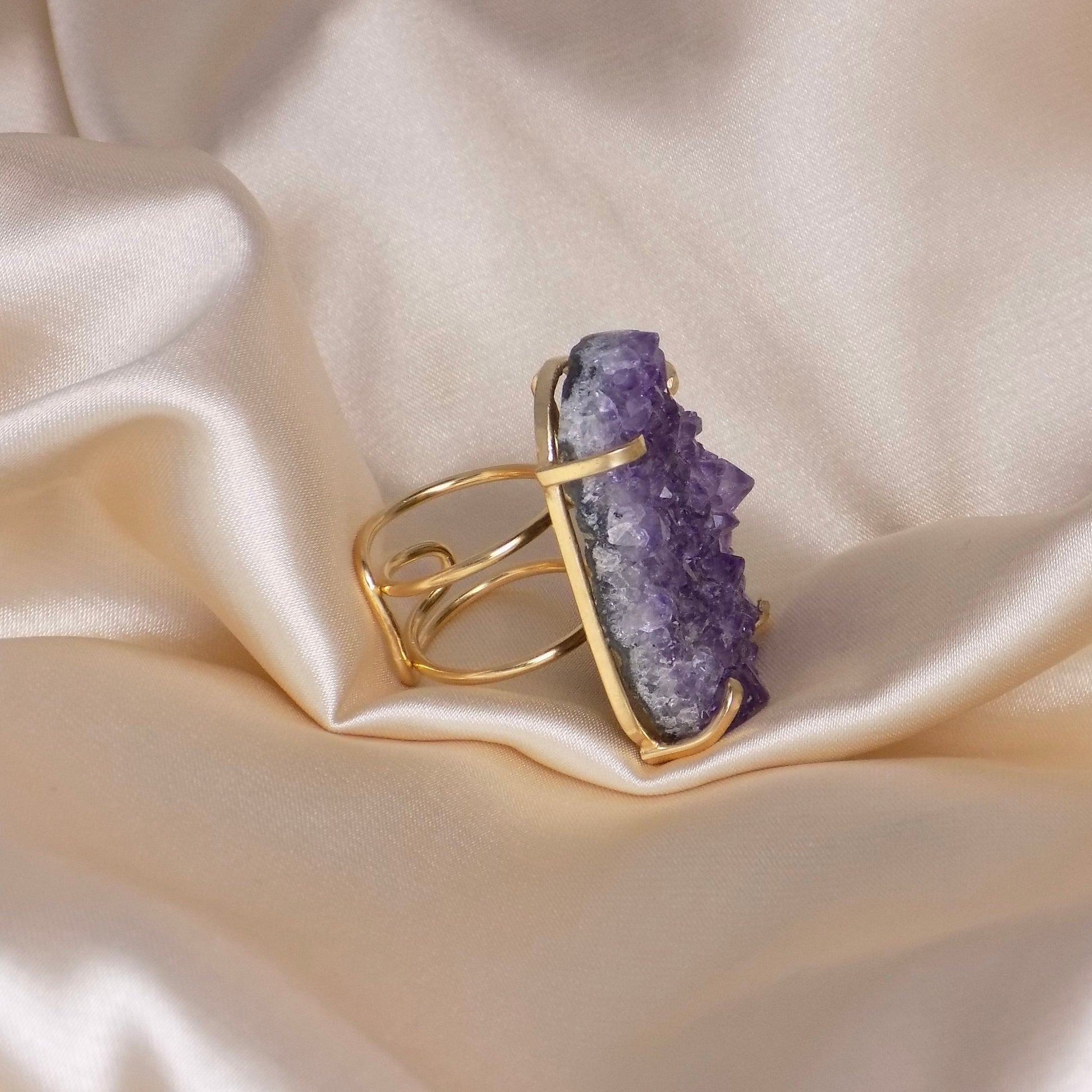 Raw Amethyst Ring Gold Adjustable, Large Purple Crystal Ring, Boho Statement Jewelry, February Birthstone Ring, G14-767