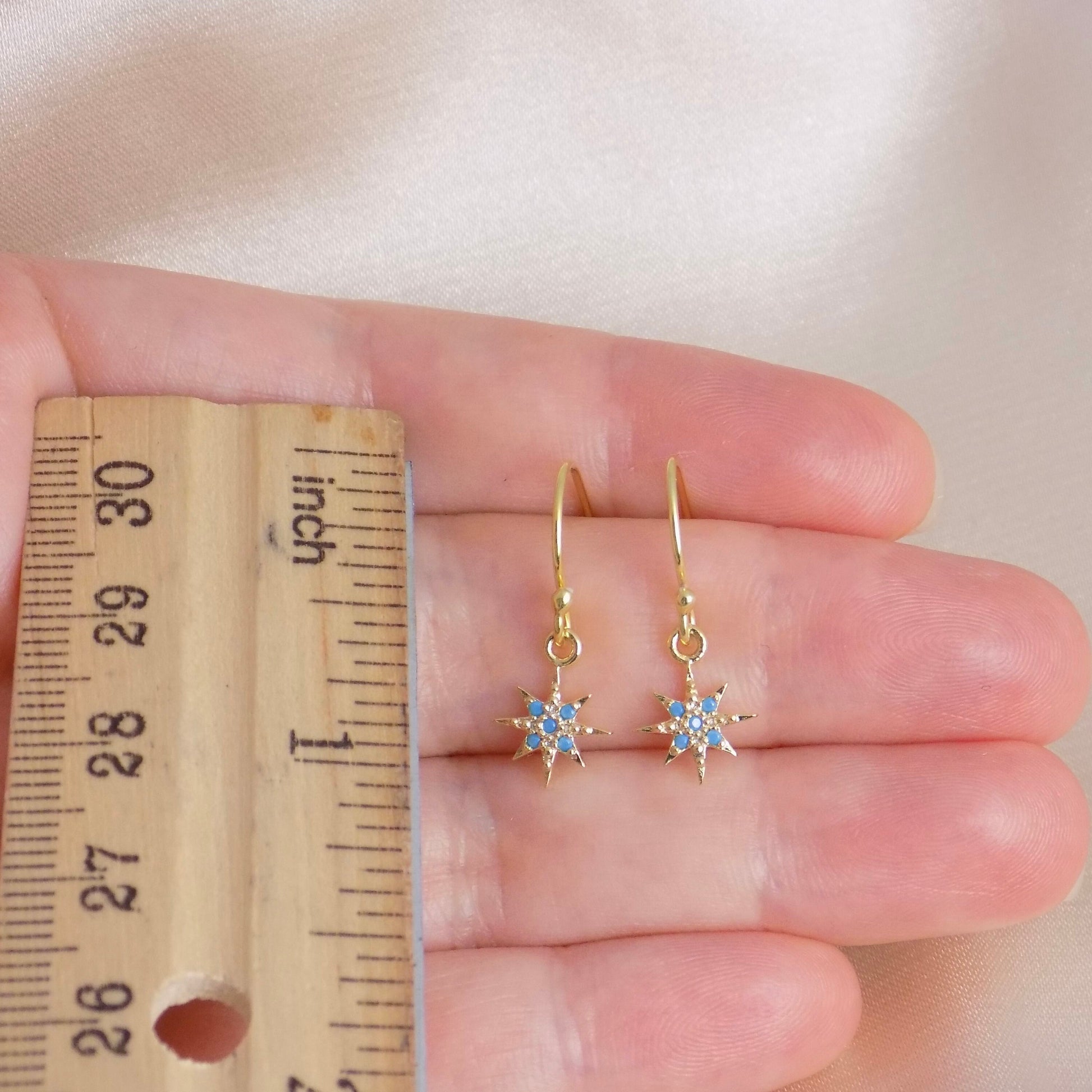 Tiny North Star Earrings Gold, Small Star Burst Drop Dangle Earring, Sparkly Turquoise Cubic Zirconia Stones, Gift For A Friend, M6-67