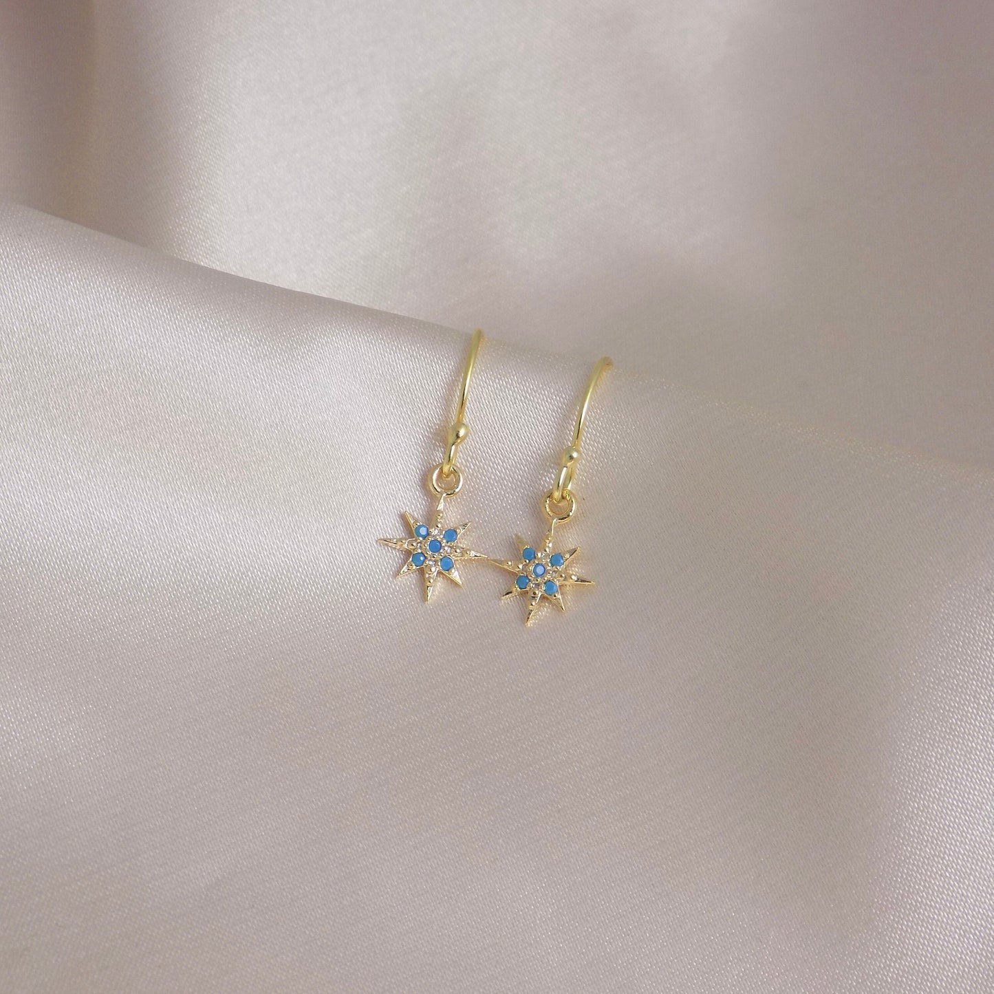 Tiny North Star Earrings Gold, Small Star Burst Drop Dangle Earring, Sparkly Turquoise Cubic Zirconia Stones, Gift For A Friend, M6-67