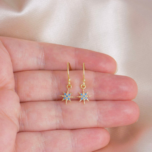 Tiny North Star Earrings Gold, Small Star Burst Drop Dangle Earring, Sparkly Turquoise Cubic Zirconia Stones, Gift For A Friend, M6-67