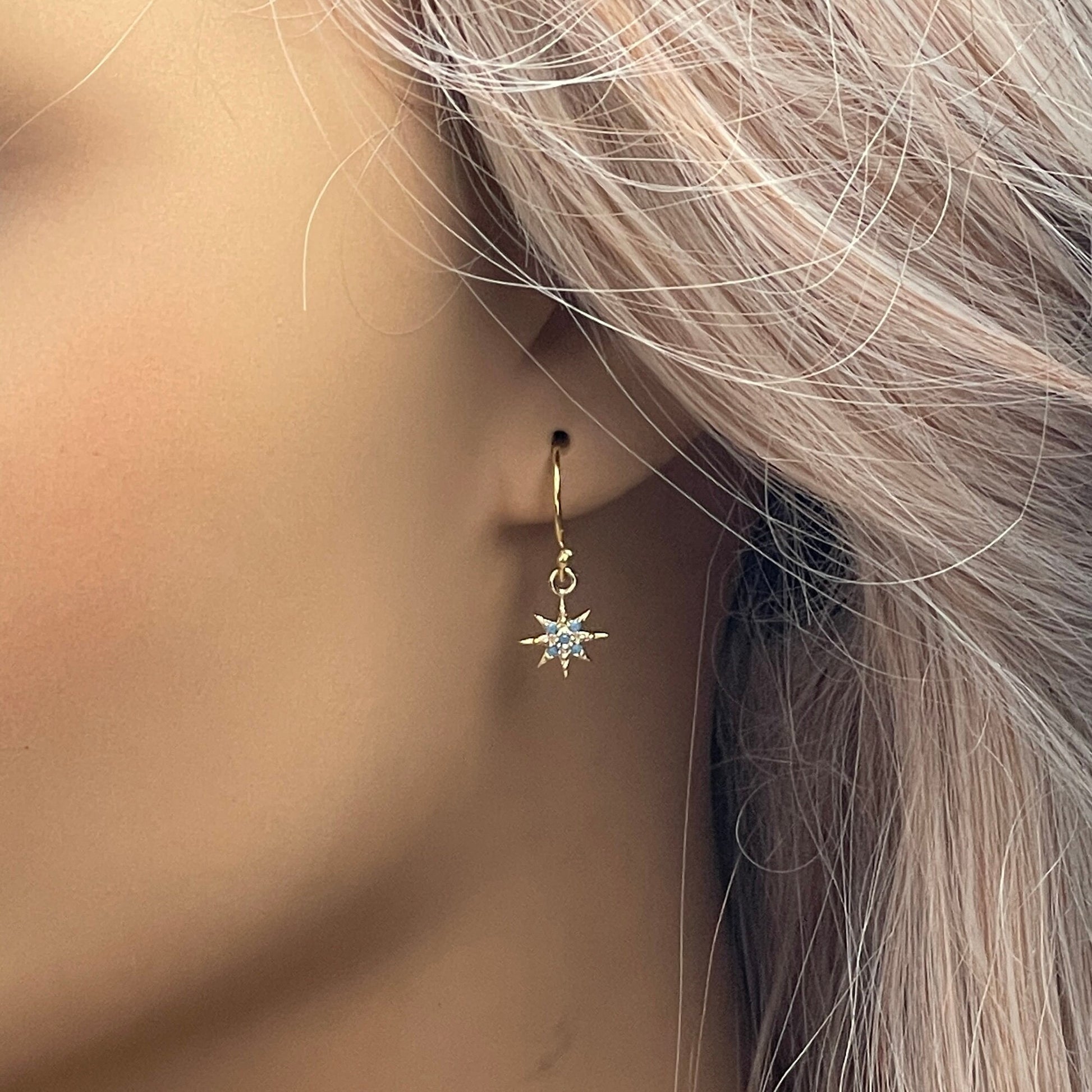 Tiny North Star Earrings Gold, Small Star Burst Drop Dangle Earring, Sparkly Turquoise Cubic Zirconia Stones, Gift For A Friend, M6-67