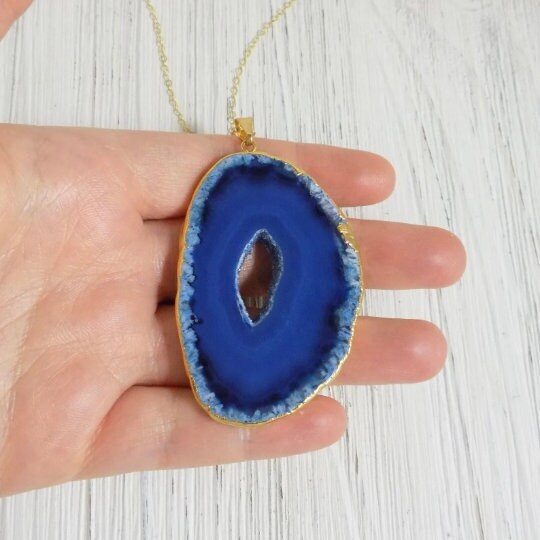 Blue Agate Slice Gemstone Necklace Gold, Boho Long Layer, Gift For Mom, G11-749