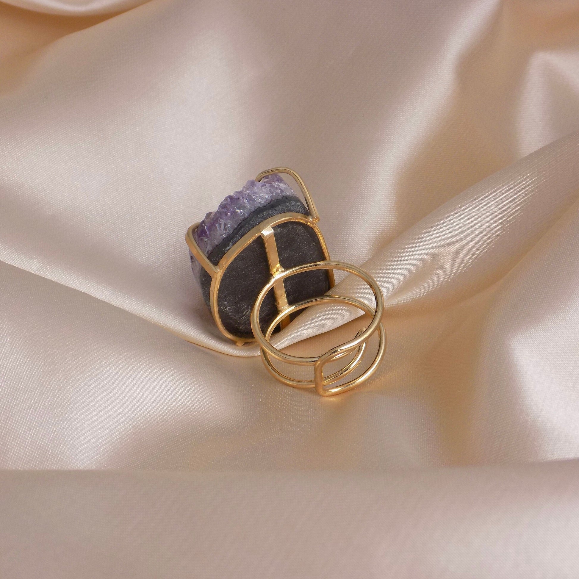 Large Raw Amethyst Druzy Ring Gold Adjustable, Boho Statement Crystal Jewelry, G14-809