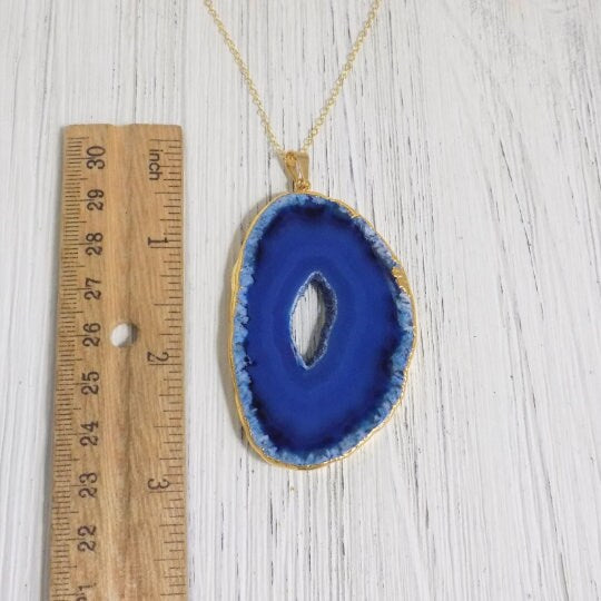 Blue Agate Slice Gemstone Necklace Gold, Boho Long Layer, Gift For Mom, G11-749