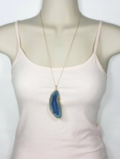 Blue Agate Slice Gemstone Necklace Gold, Boho Long Layer, Gift For Mom, G11-749