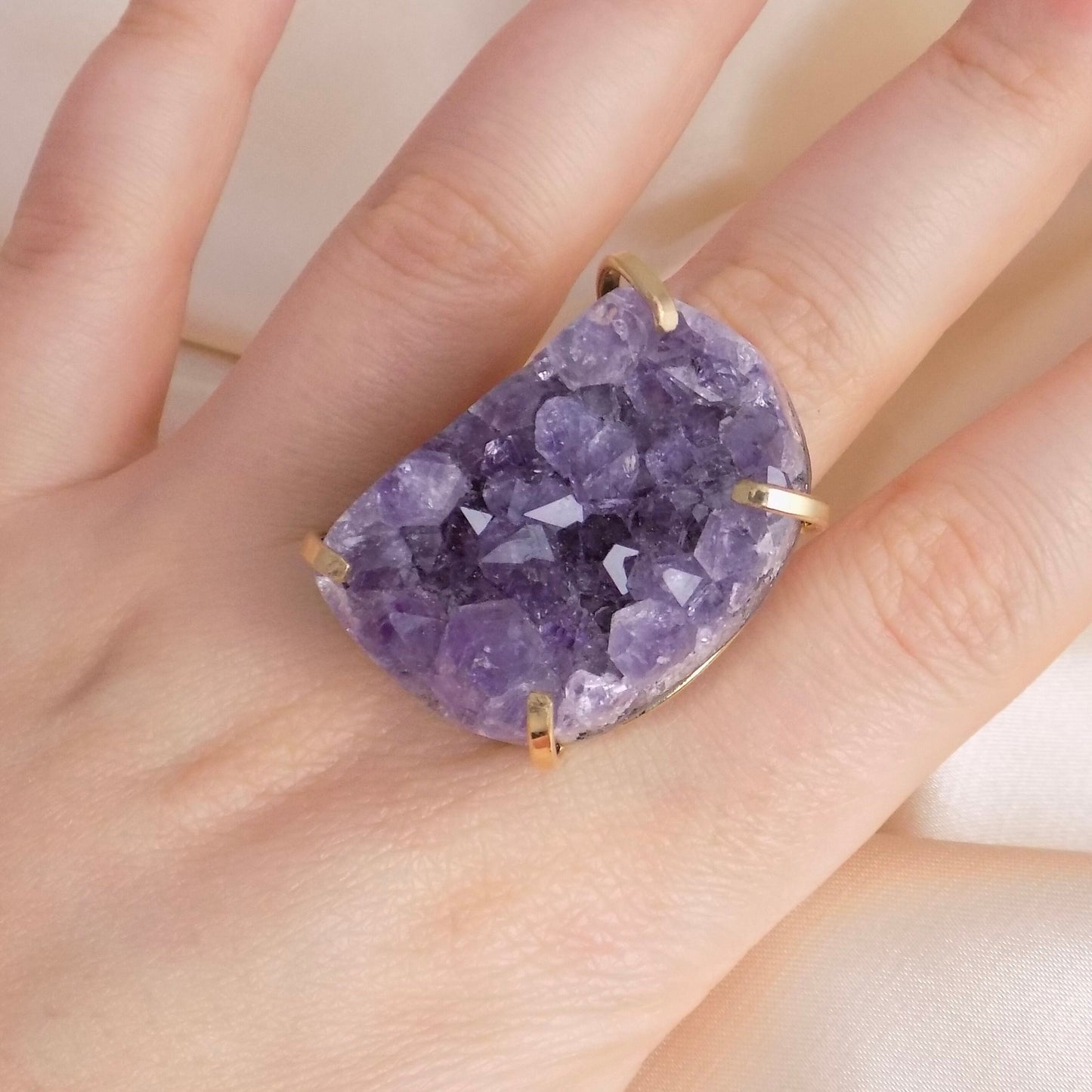 Large Raw Amethyst Druzy Ring Gold Adjustable, Boho Statement Crystal Jewelry, G14-809