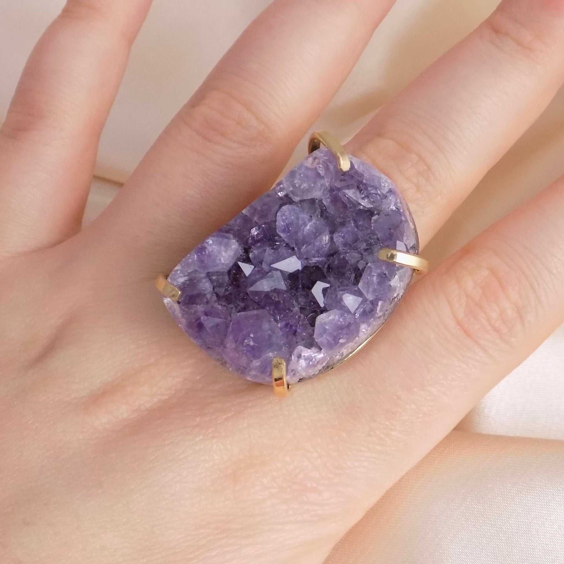 Large Raw Amethyst Druzy Ring Gold Adjustable, Boho Statement Crystal Jewelry, G14-809