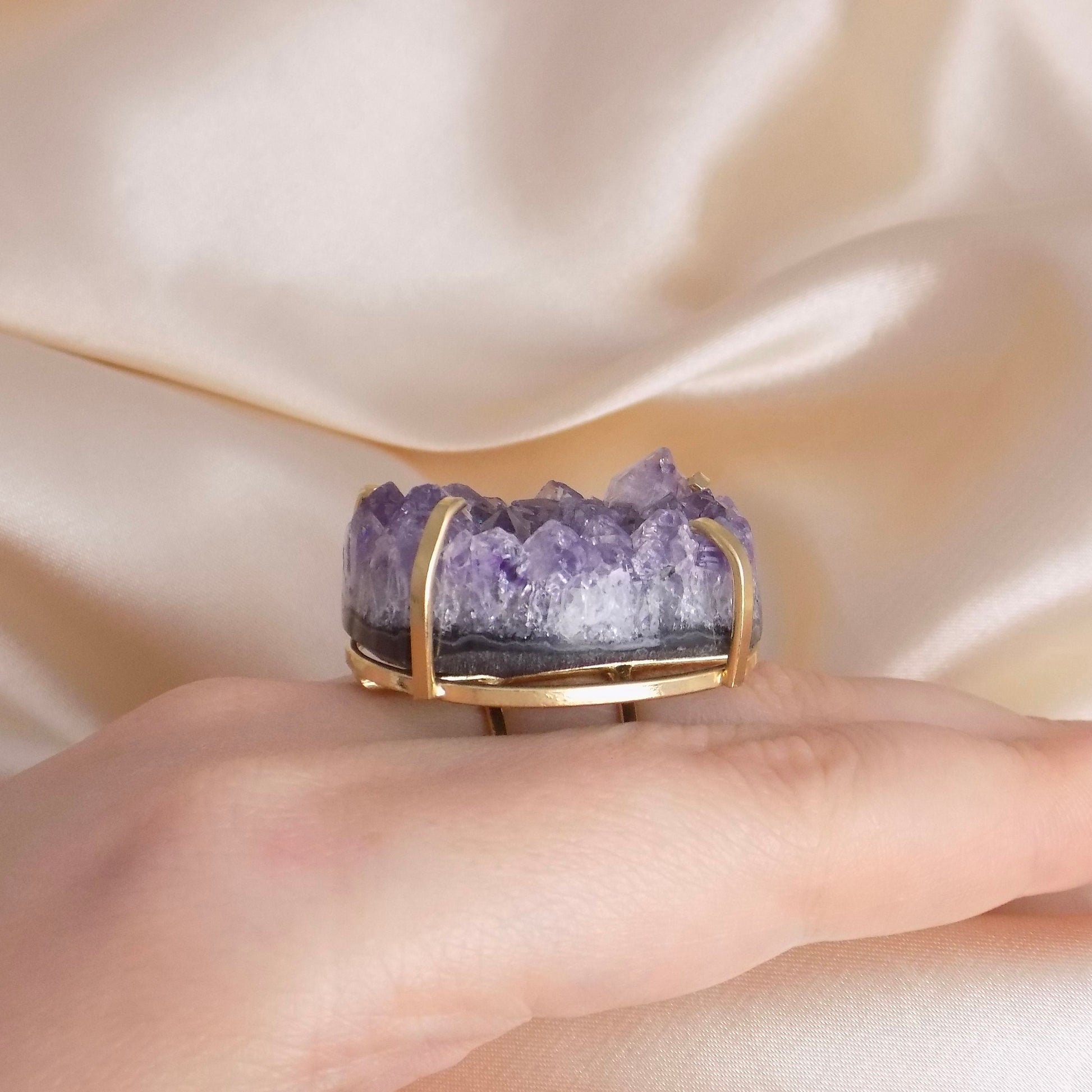 Large Raw Amethyst Druzy Ring Gold Adjustable, Boho Statement Crystal Jewelry, G14-809