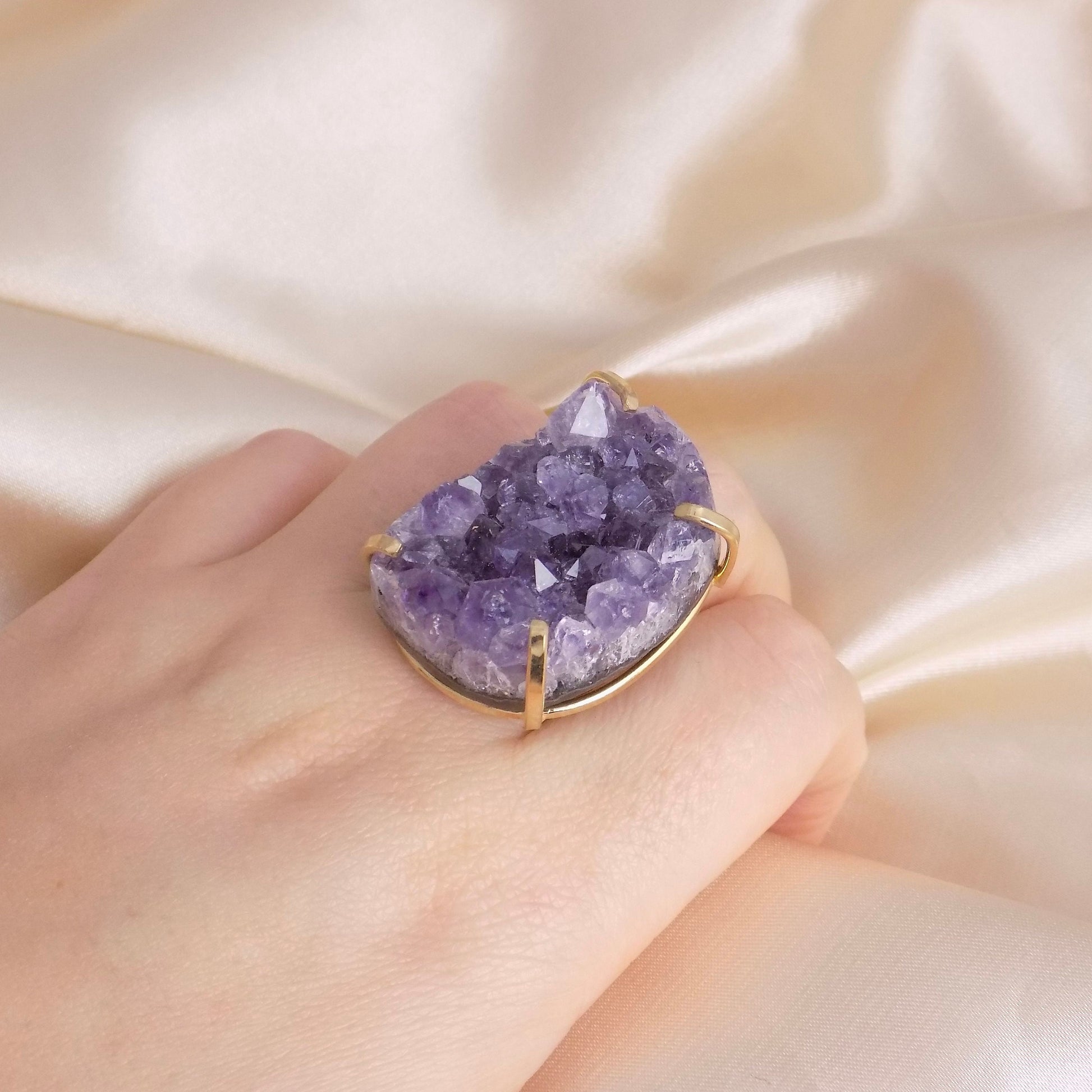 Large Raw Amethyst Druzy Ring Gold Adjustable, Boho Statement Crystal Jewelry, G14-809