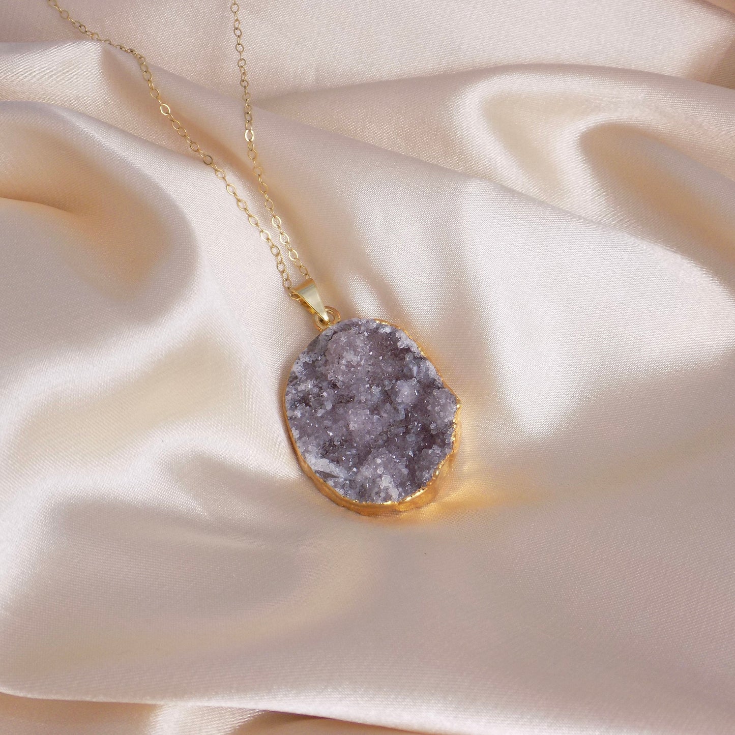 Natural Drusy Gemstone Necklace Gold Dipped Sparkly Druzy Crystal, Gifts For Mom, G14-832