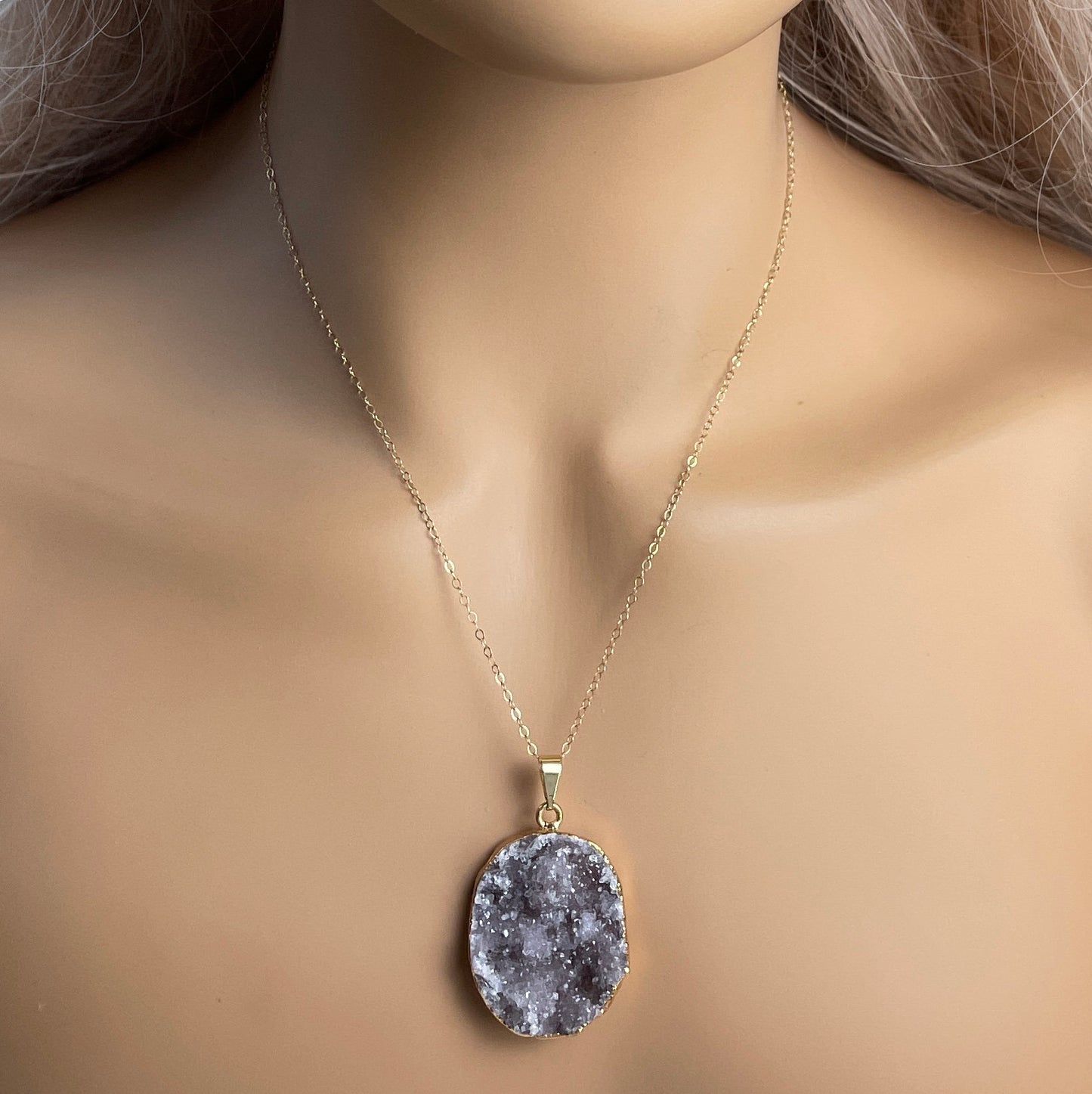 Natural Drusy Gemstone Necklace Gold Dipped Sparkly Druzy Crystal, Gifts For Mom, G14-832