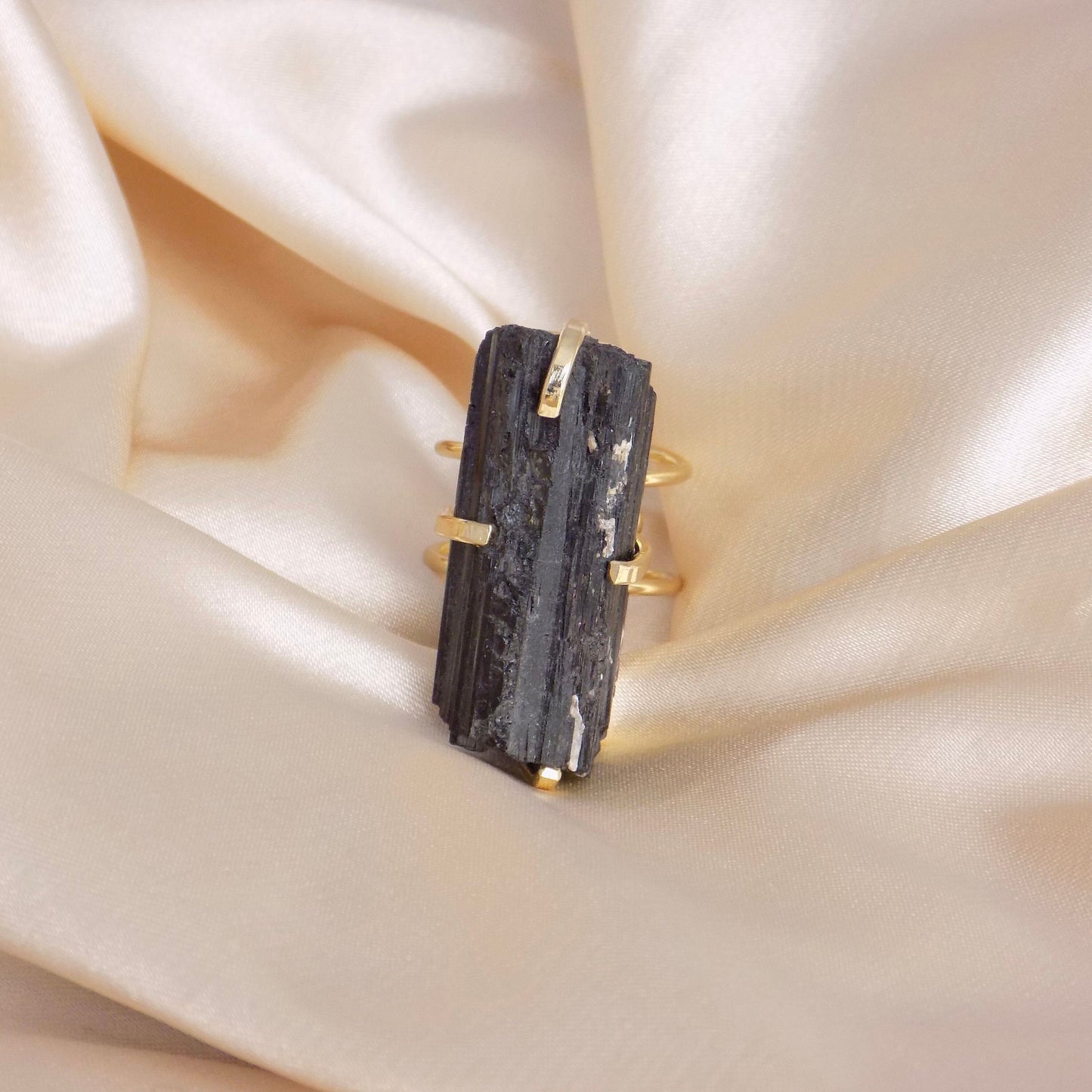 Raw Black Tourmaline Ring Gold Adjustable, Large Black Stone Statement Ring, Mothers Gifts For Her, G15-87