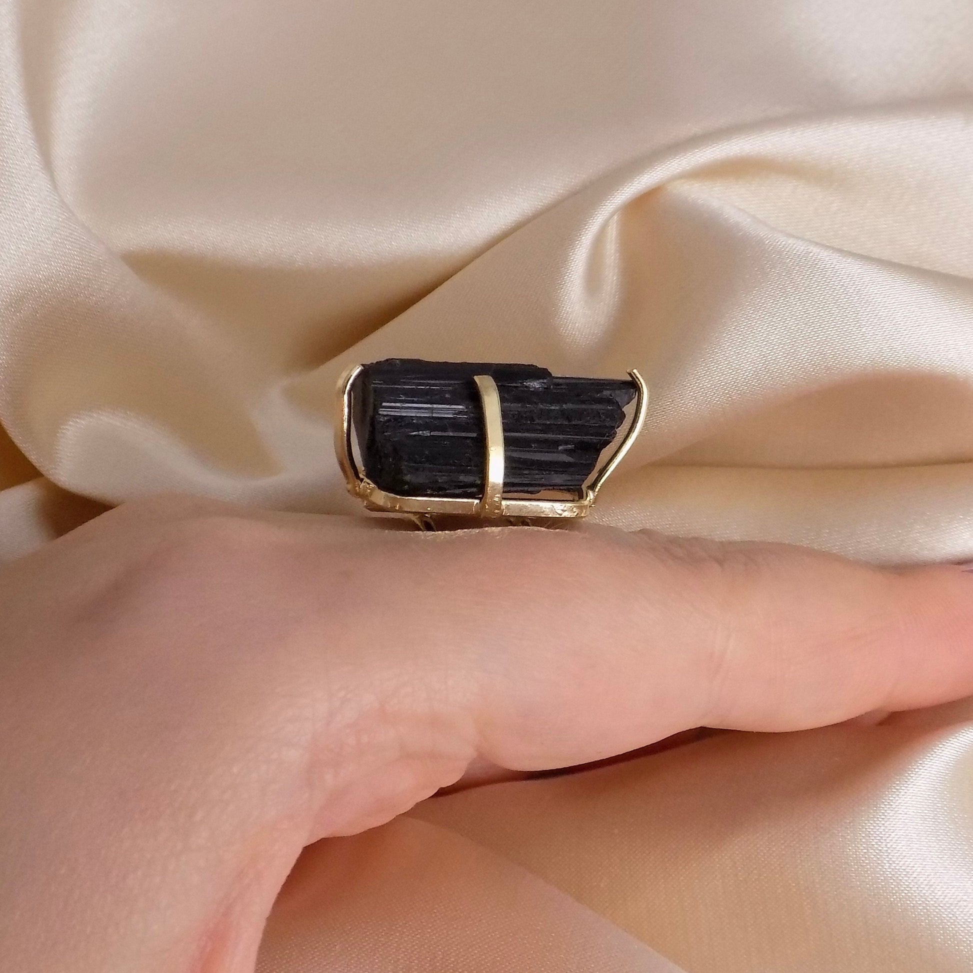 Raw Black Tourmaline Ring Gold Adjustable, Large Black Stone Statement Ring, Gifts For Her, G15-104