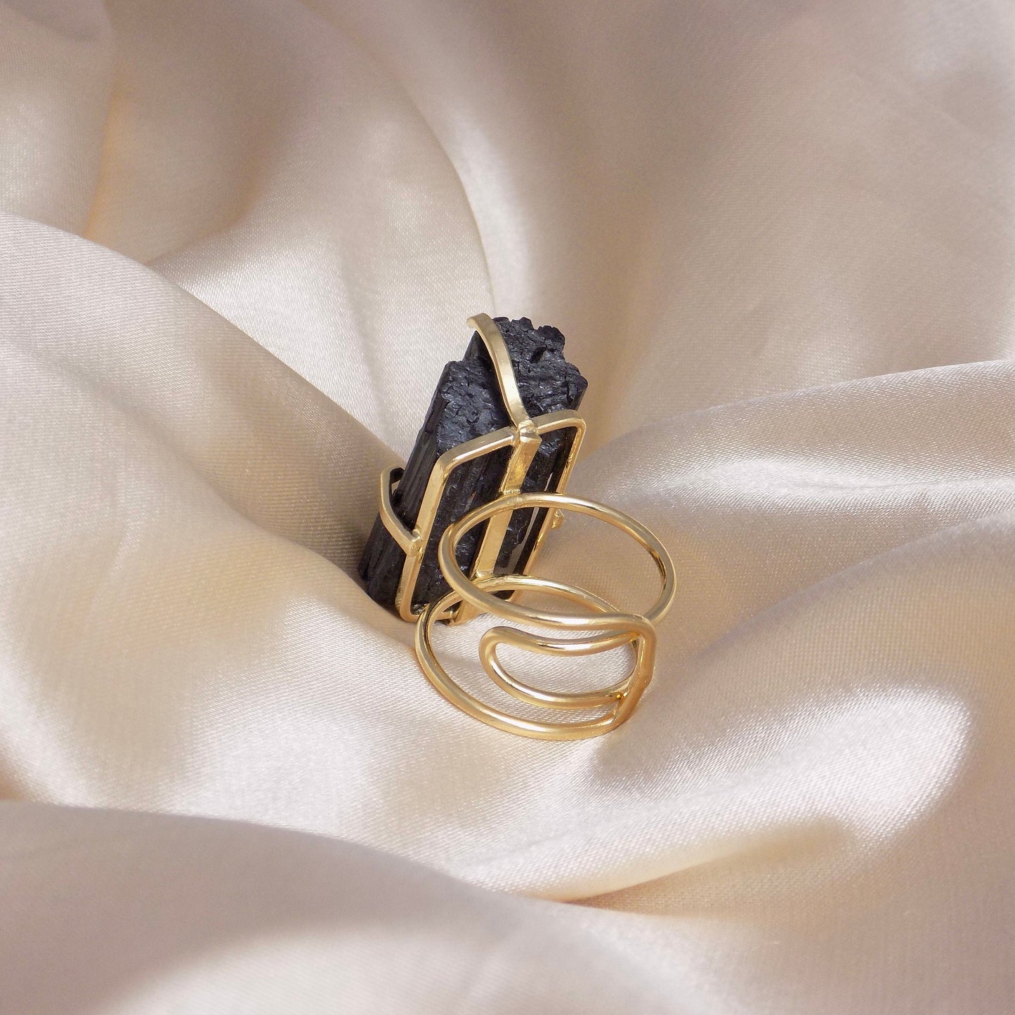 Raw Black Tourmaline Ring Gold Adjustable, Large Black Stone Statement Ring, Gifts For Her, G15-104