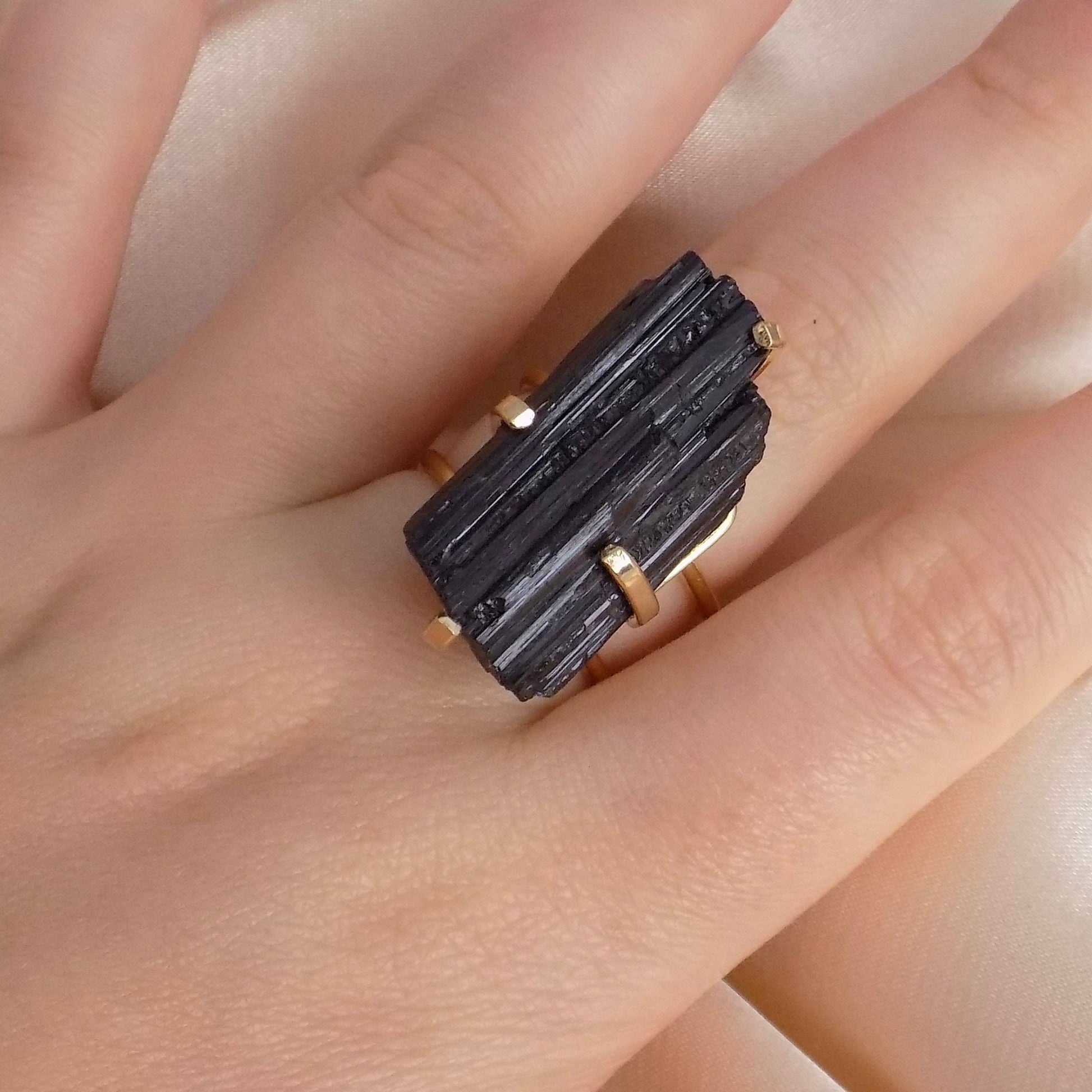 Raw Black Tourmaline Ring Gold Adjustable, Large Black Stone Statement Ring, Gifts For Her, G15-104