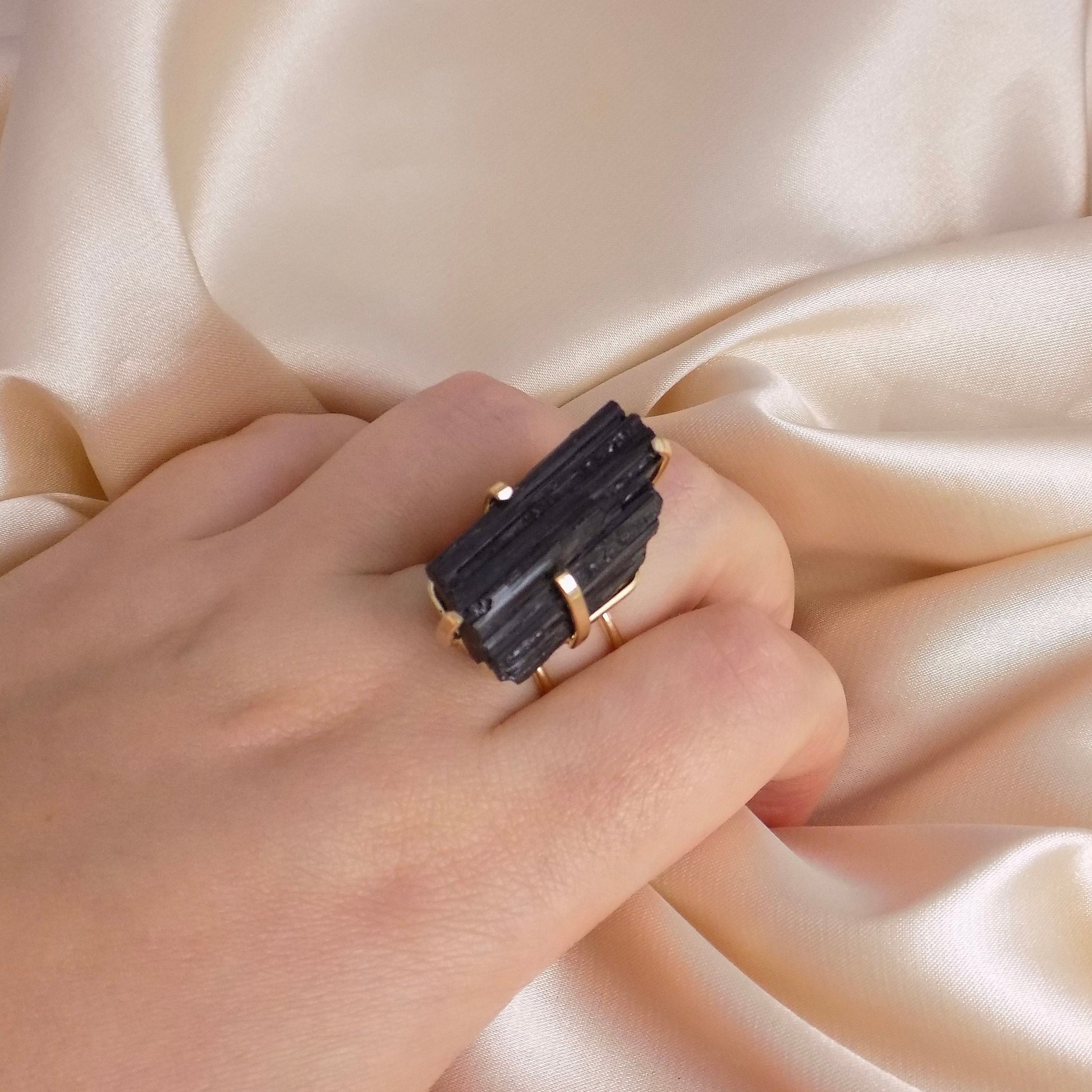 Raw Black Tourmaline Ring Gold Adjustable, Large Black Stone Statement Ring, Gifts For Her, G15-104