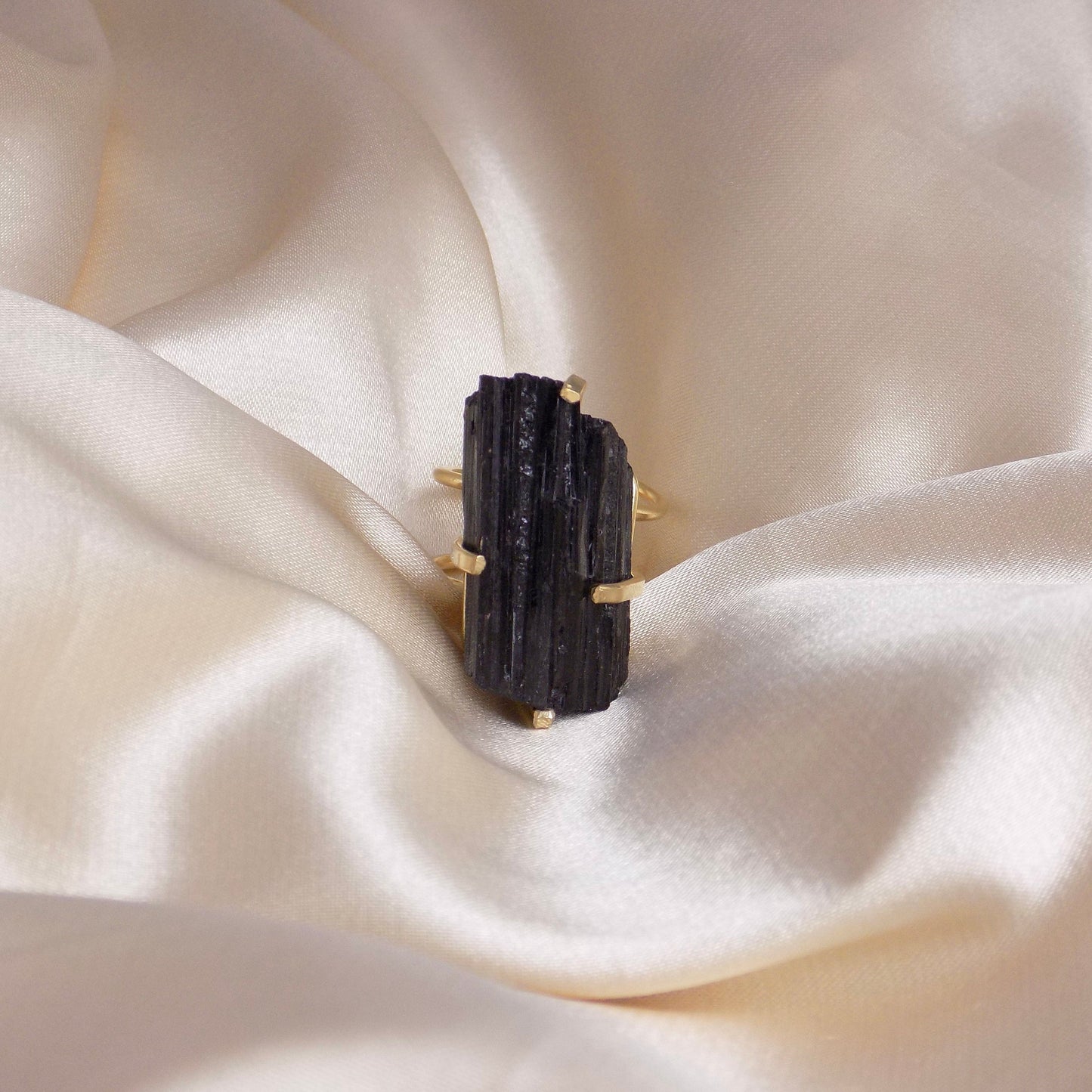 Raw Black Tourmaline Ring Gold Adjustable, Large Black Stone Statement Ring, Gifts For Her, G15-104