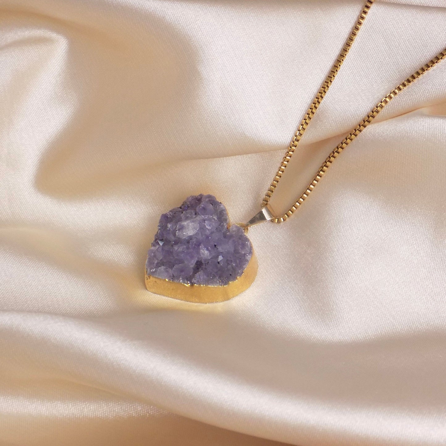 Amethyst Heart Necklace Gold, Box Chain 18K Gold Stainless Steel, Mom Gift, Wife Gift, Best Friend Gifts, G15-151