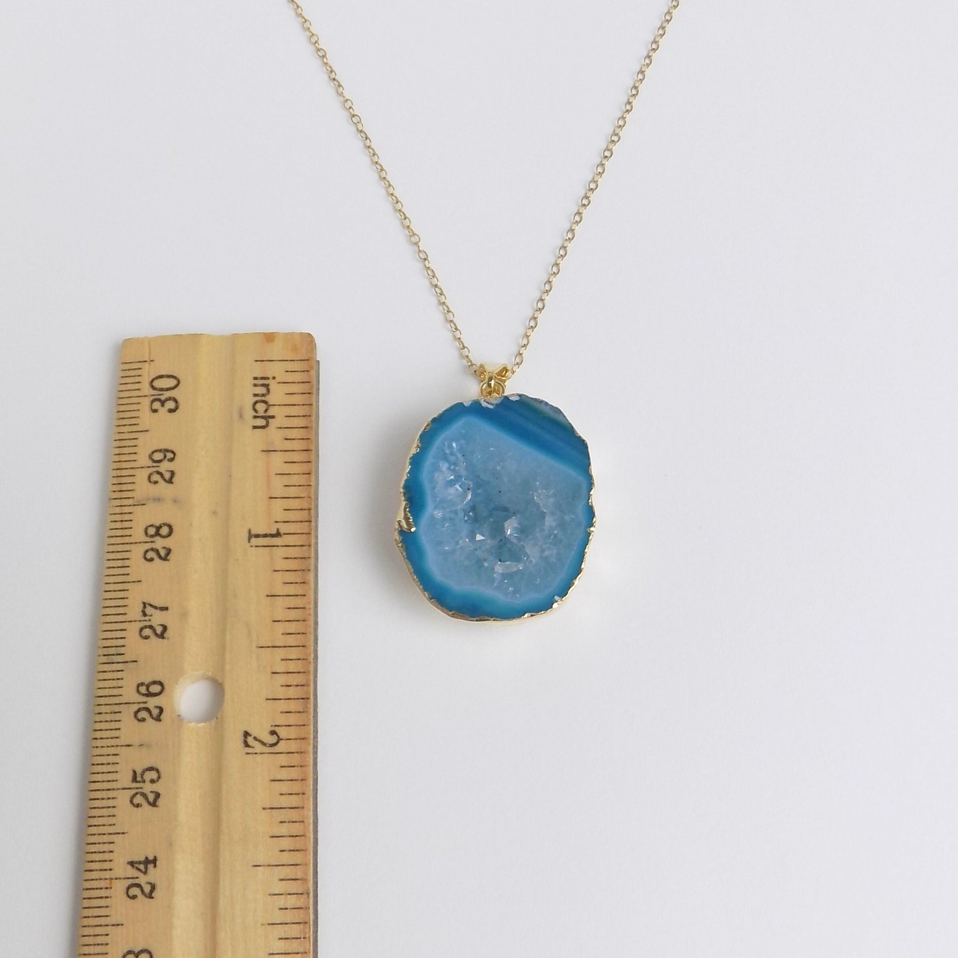 Natural Geode Cave Gemstone Necklace Gold With Sparkly Druzy Center Teal Crystal, G14-213