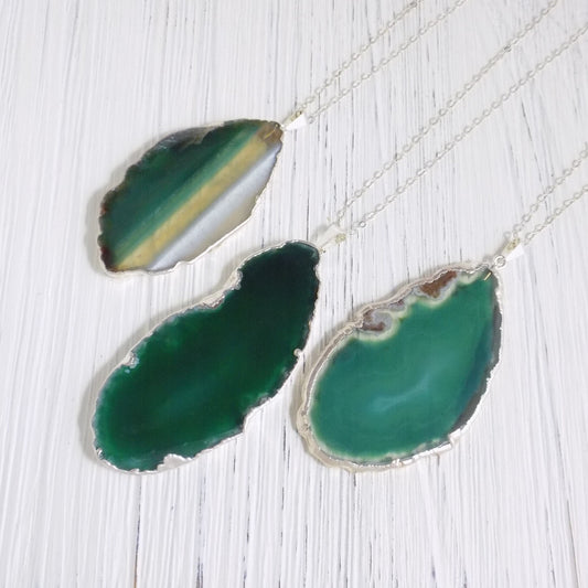 Agate Necklace Silver, Green Agate Pendant Necklace, Sliced Agate Statement Necklace, Boho Long Stone Necklace, Geode Necklace, G13-258