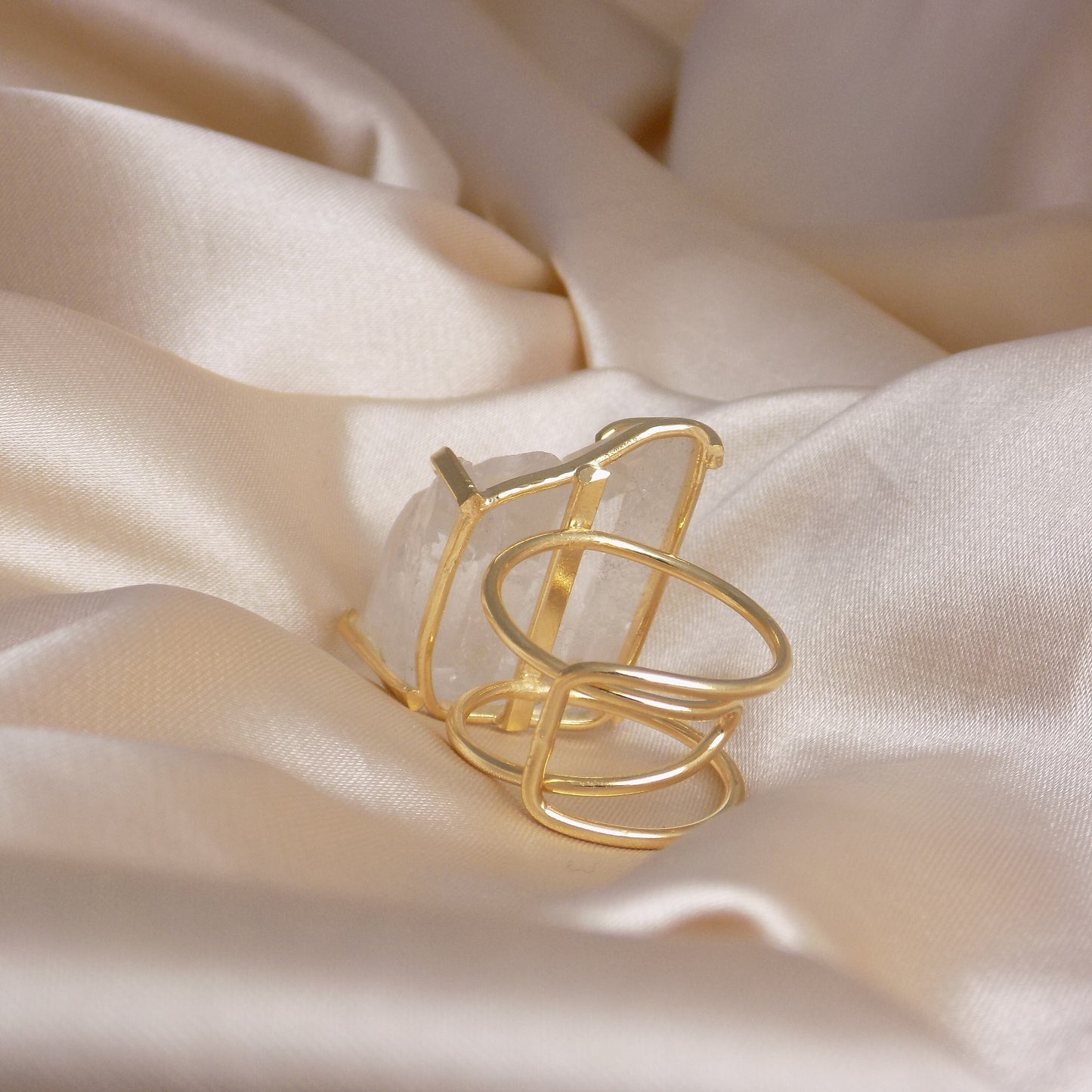 Boho Clear Crystal Quartz Ring Gold Adjustable - Large Raw Gemstone