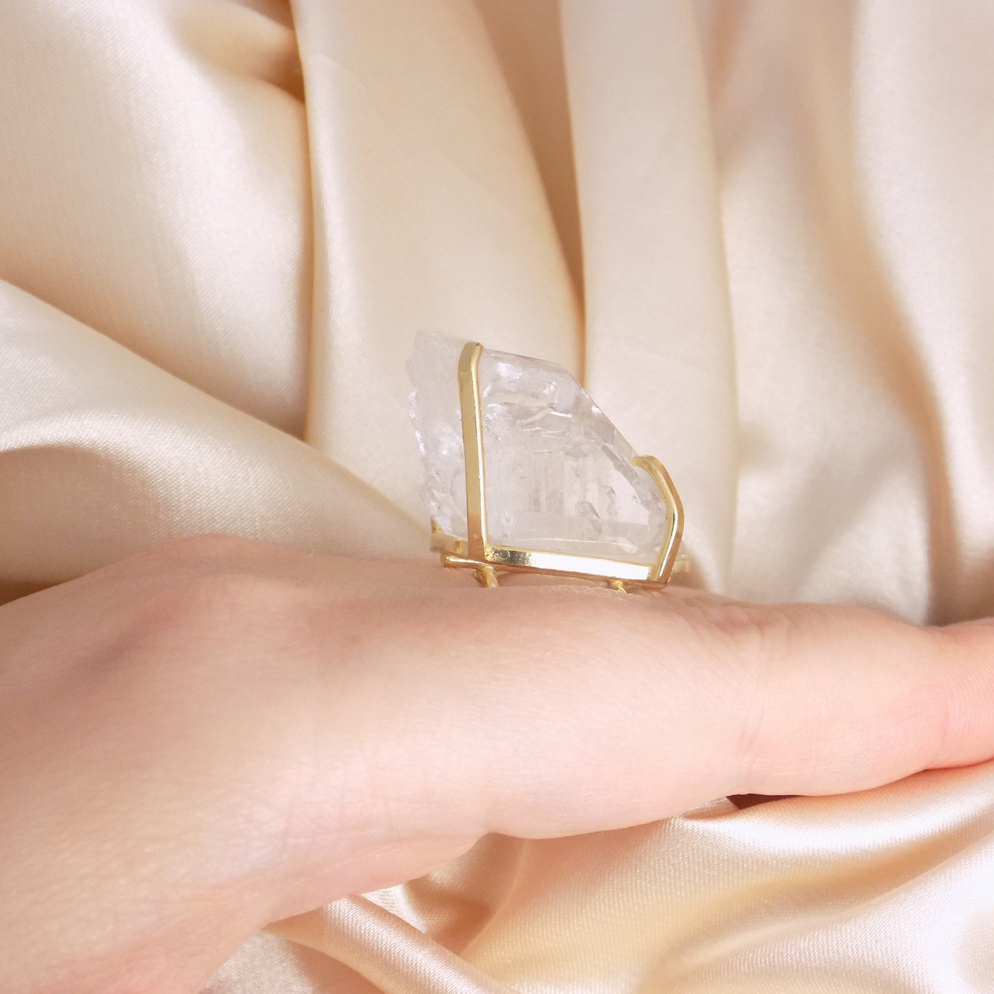Boho Clear Crystal Quartz Ring Gold Adjustable - Large Raw Gemstone