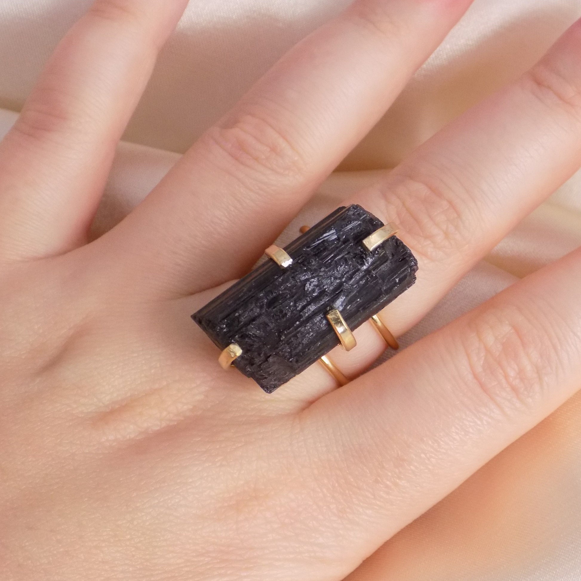 Unique Boho Crystal Ring, Black Tourmaline Ring Adjustable, Raw Black Crystal Statement Jewelry, Healing Crystal Gift, G15-205