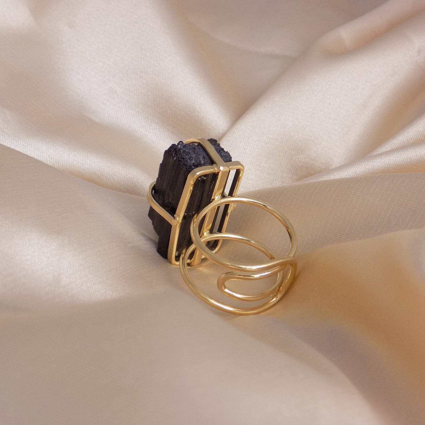 Unique Boho Crystal Ring, Black Tourmaline Ring Adjustable, Raw Black Crystal Statement Jewelry, Healing Crystal Gift, G15-205