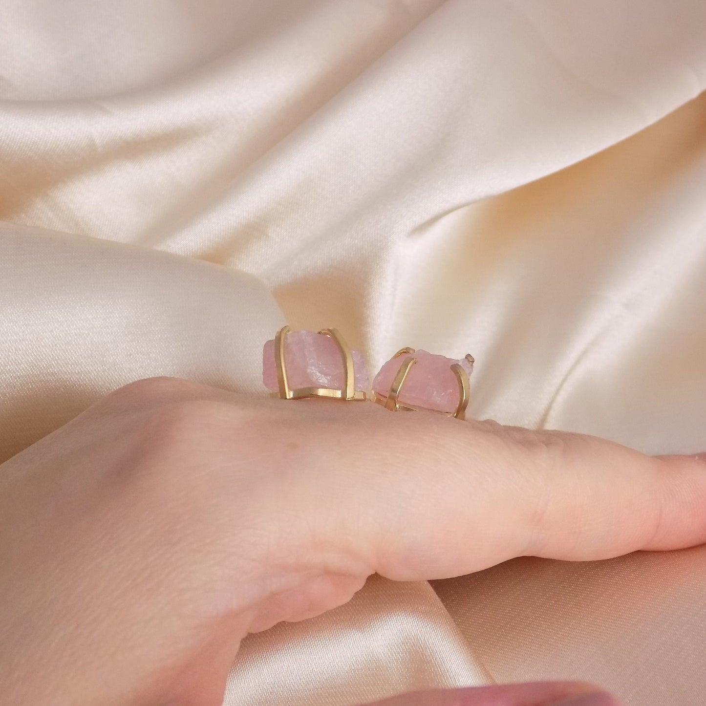 Adjustable Gold Ring with Raw Natural Rose Quartz - Elegant Dual Stone Statement Ring in Light Pink, G15