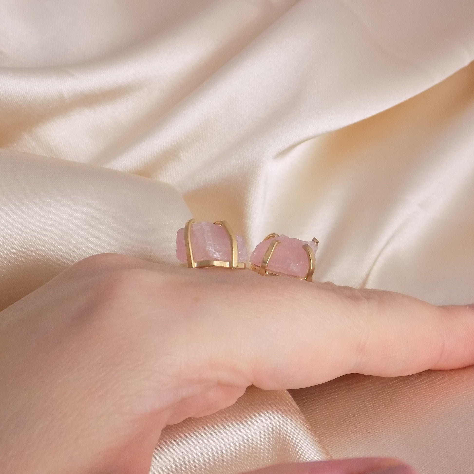 Adjustable Gold Ring with Raw Natural Rose Quartz - Elegant Dual Stone Statement Ring in Light Pink, G15