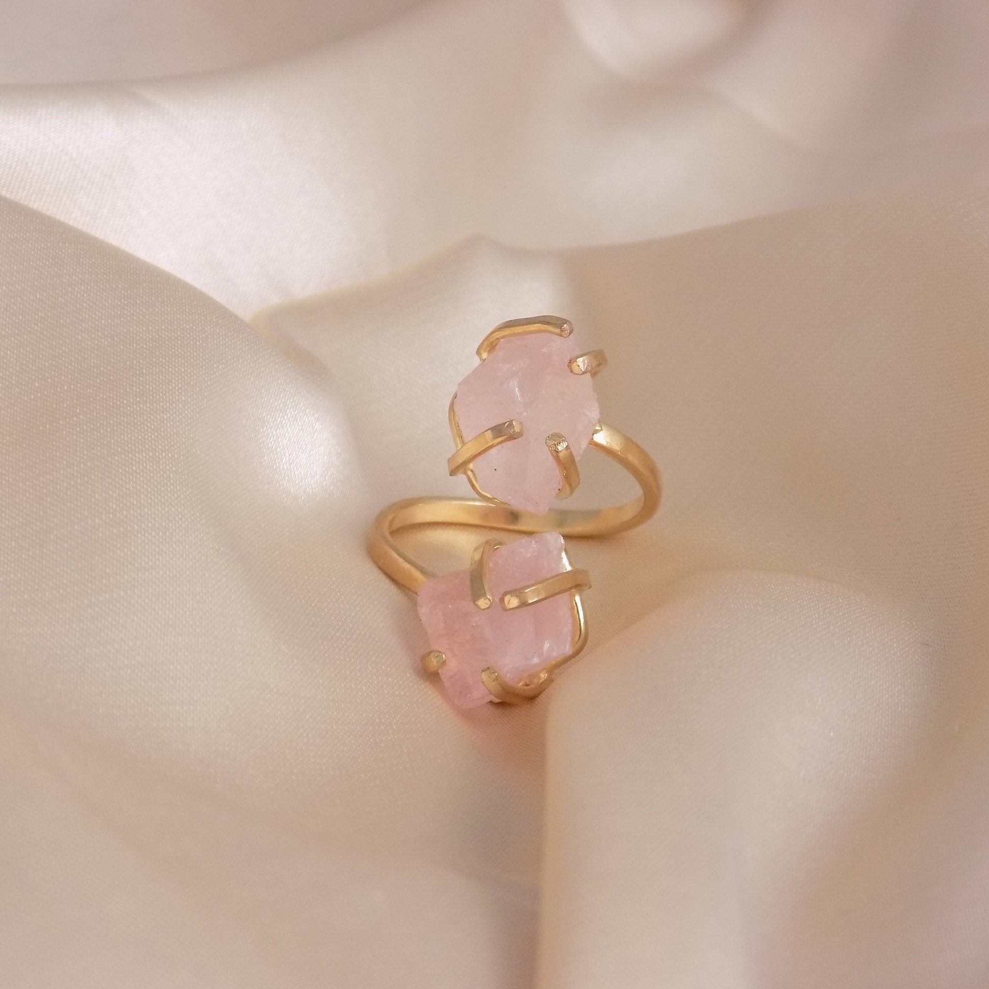 Adjustable Gold Ring with Raw Natural Rose Quartz - Elegant Dual Stone Statement Ring in Light Pink, G15