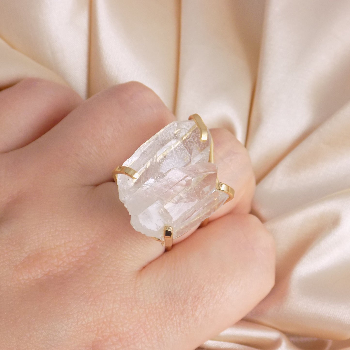 Boho Clear Crystal Quartz Ring Gold Adjustable - Large Raw Gemstone
