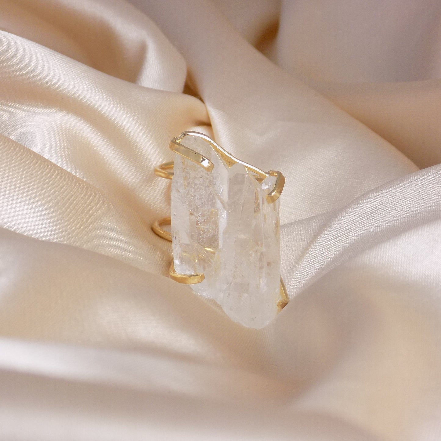 Boho Clear Crystal Quartz Ring Gold Adjustable - Large Raw Gemstone
