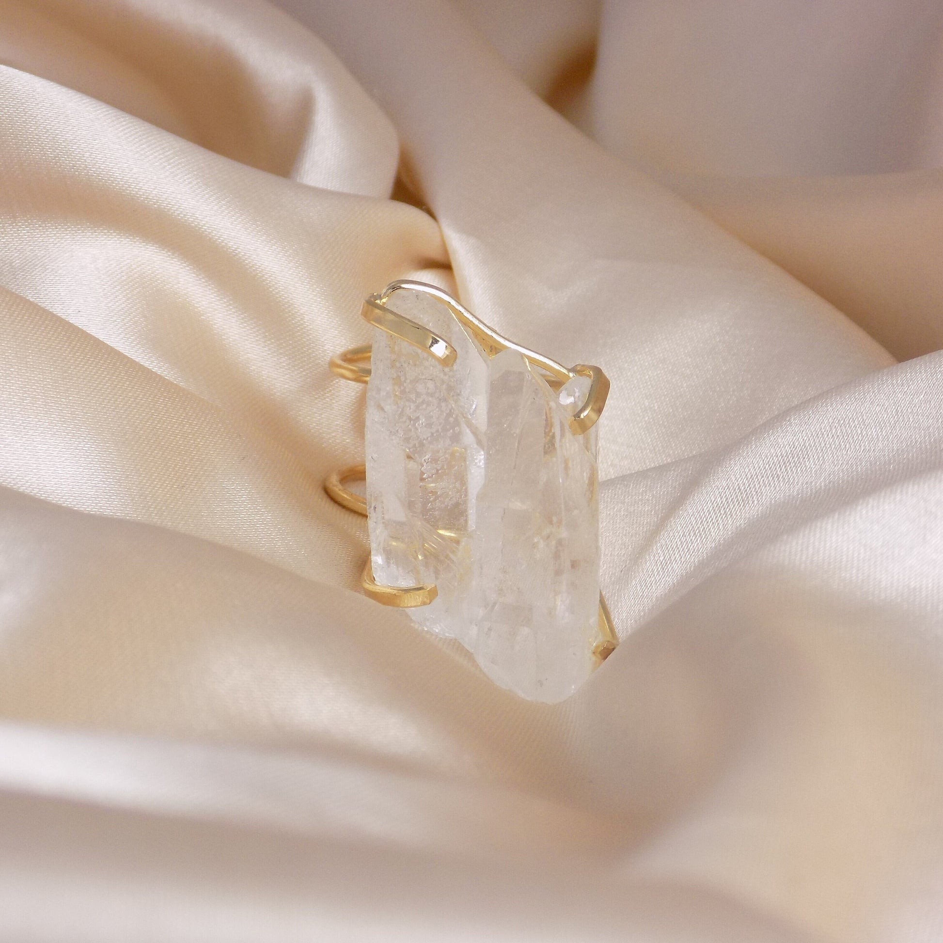 Boho Clear Crystal Quartz Ring Gold Adjustable - Large Raw Gemstone