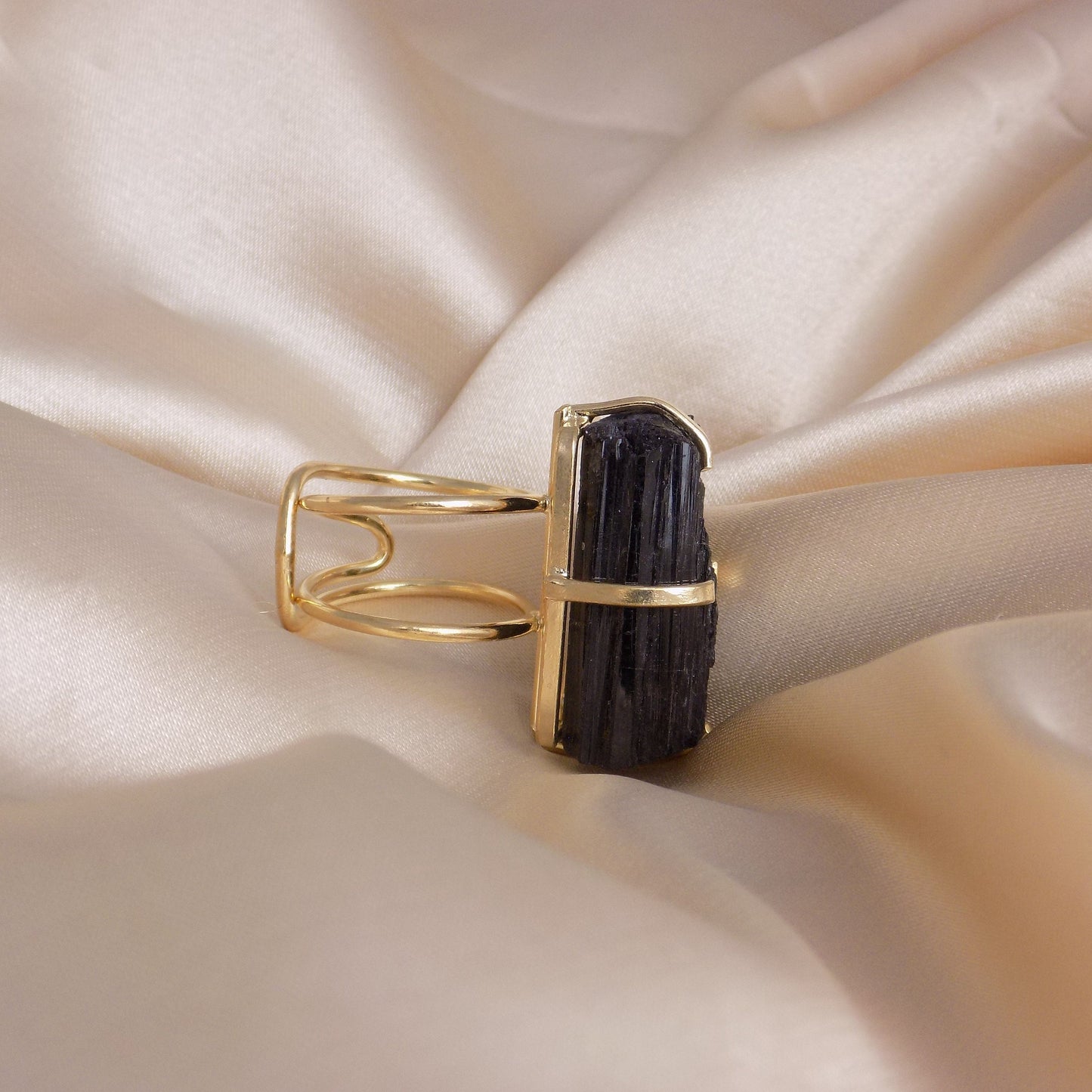 Unique Boho Crystal Ring, Black Tourmaline Ring Adjustable, Raw Black Crystal Statement Jewelry, Healing Crystal Gift, G15-205