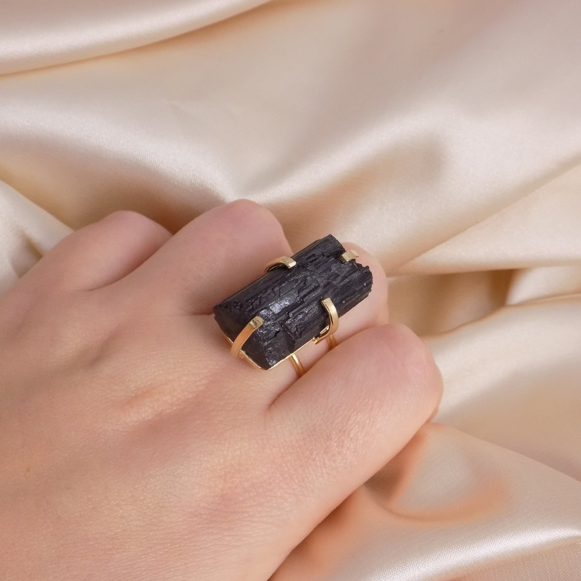 Unique Boho Crystal Ring, Black Tourmaline Ring Adjustable, Raw Black Crystal Statement Jewelry, Healing Crystal Gift, G15-205