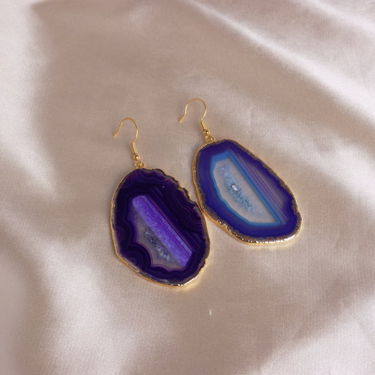 Unique Purple Agate Earrings Gold - Large Sliced Geode Dangle - Christmas Gift For Her - G15-228