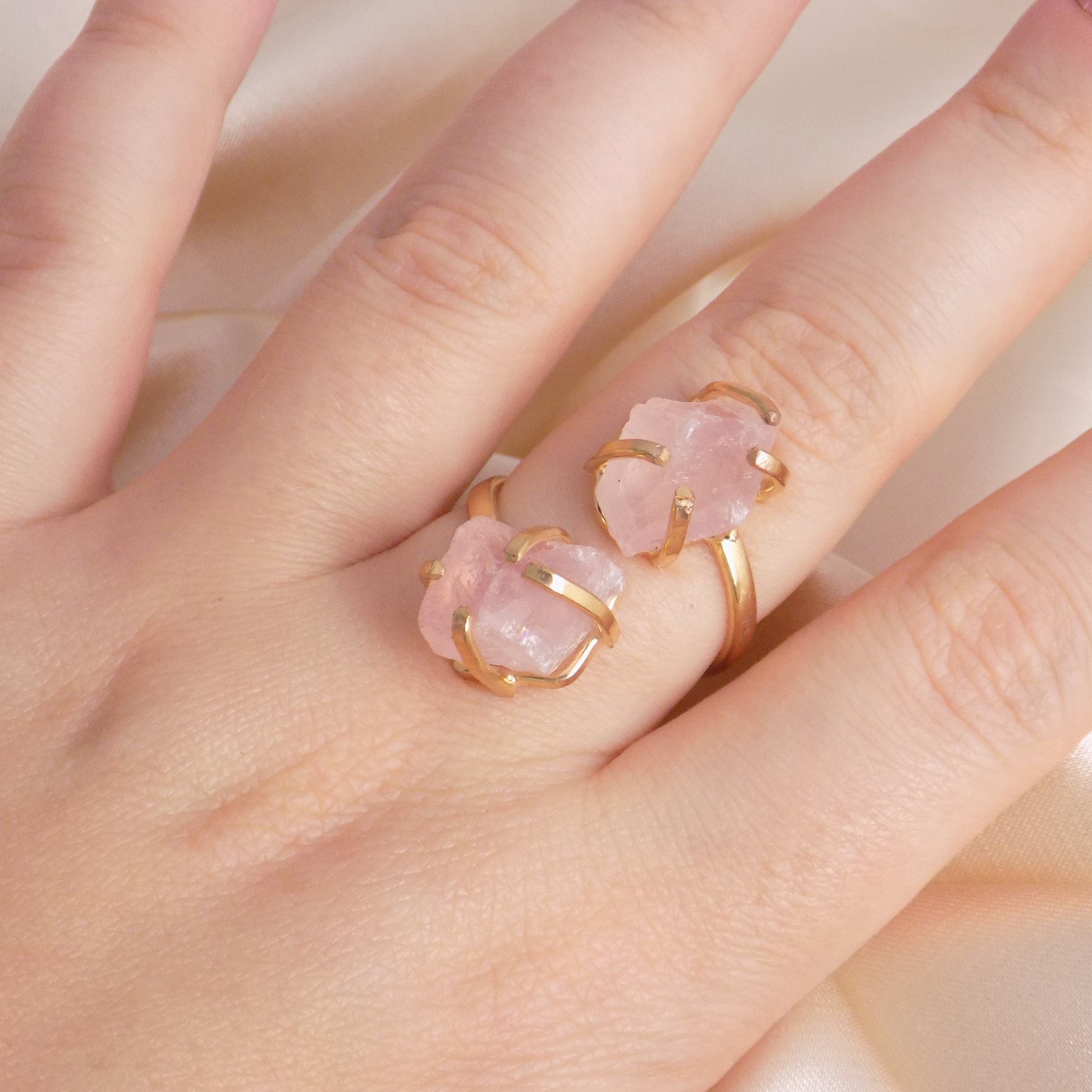 Adjustable Gold Ring with Raw Natural Rose Quartz - Elegant Dual Stone Statement Ring in Light Pink, G15