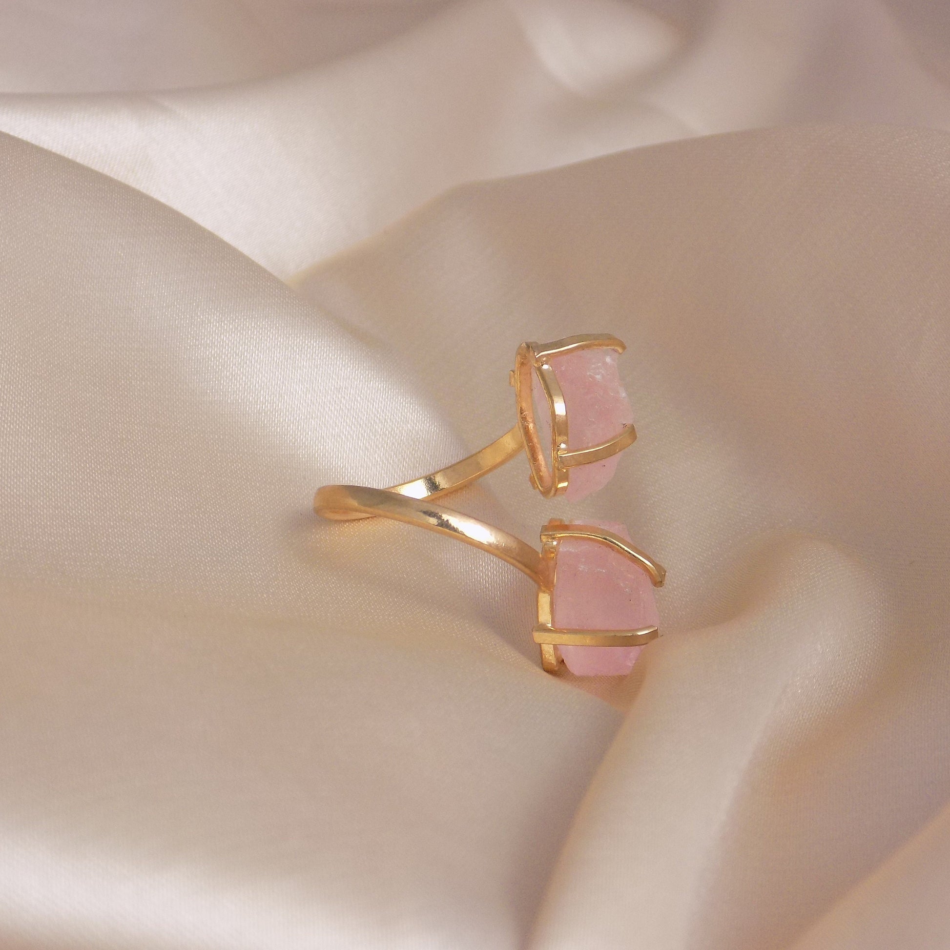 Adjustable Gold Ring with Raw Natural Rose Quartz - Elegant Dual Stone Statement Ring in Light Pink, G15