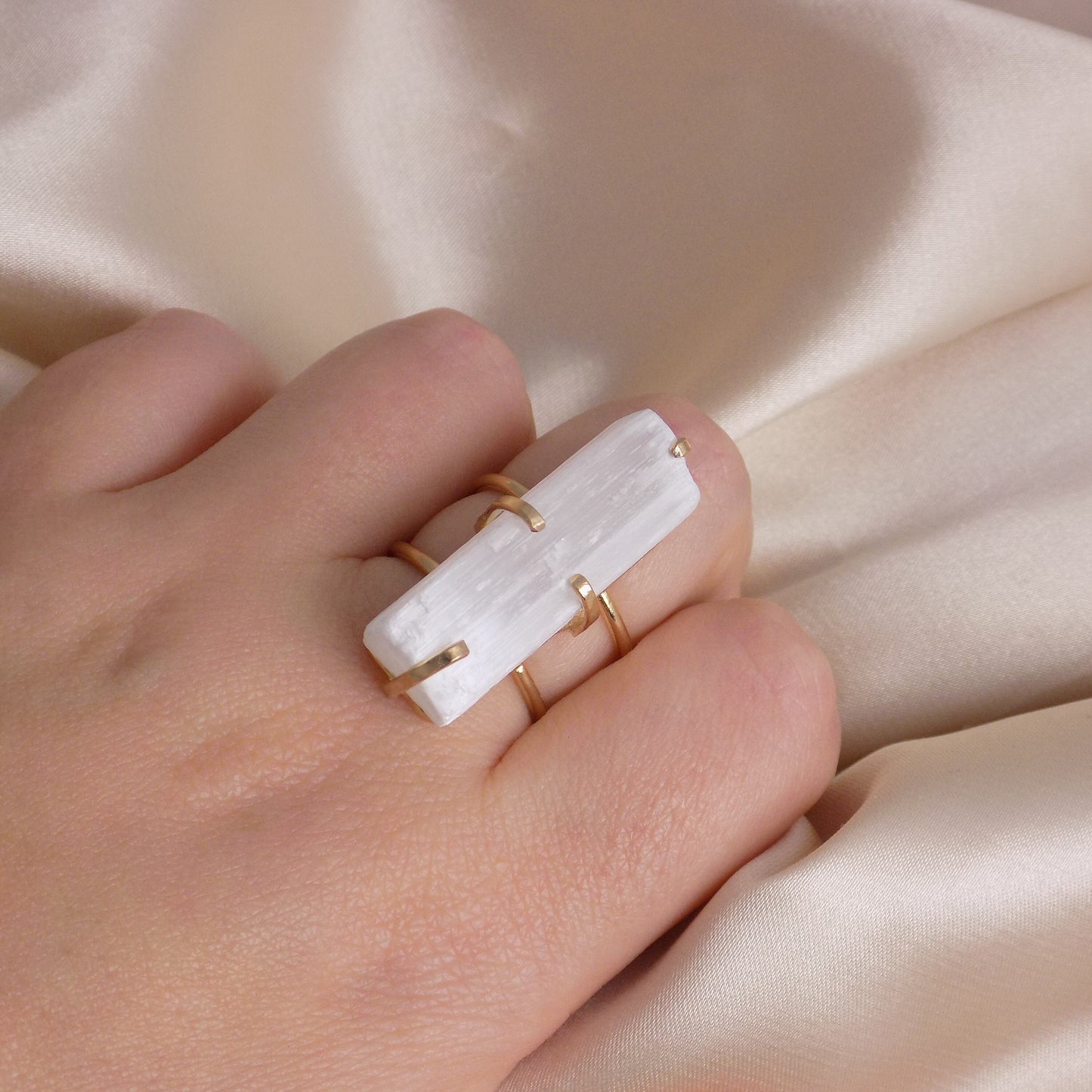 Christmas Gift - White Selenite Ring Gold Adjustable - Raw Crystal Jewelry - G15-242