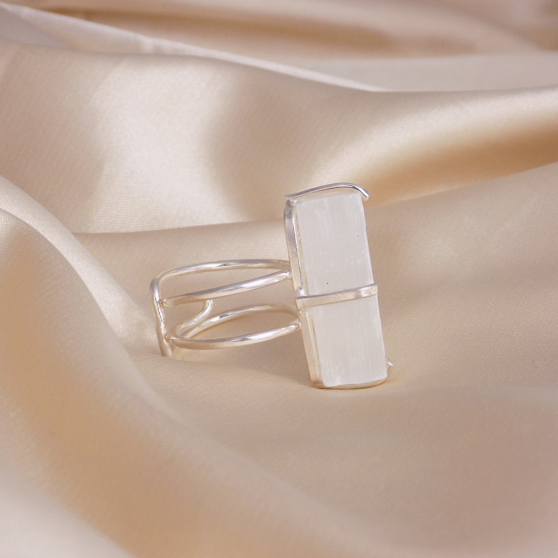 White Selenite Ring Silver Adjustable, Cleansing Healing Crystal Rings for Women, Christmas Gifts For Her, G15-177