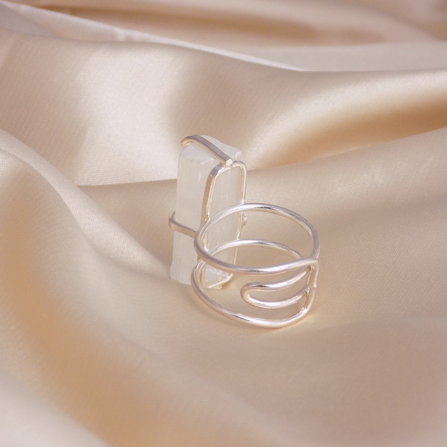 White Selenite Ring Silver Adjustable, Cleansing Healing Crystal Rings for Women, Christmas Gifts For Her, G15-177