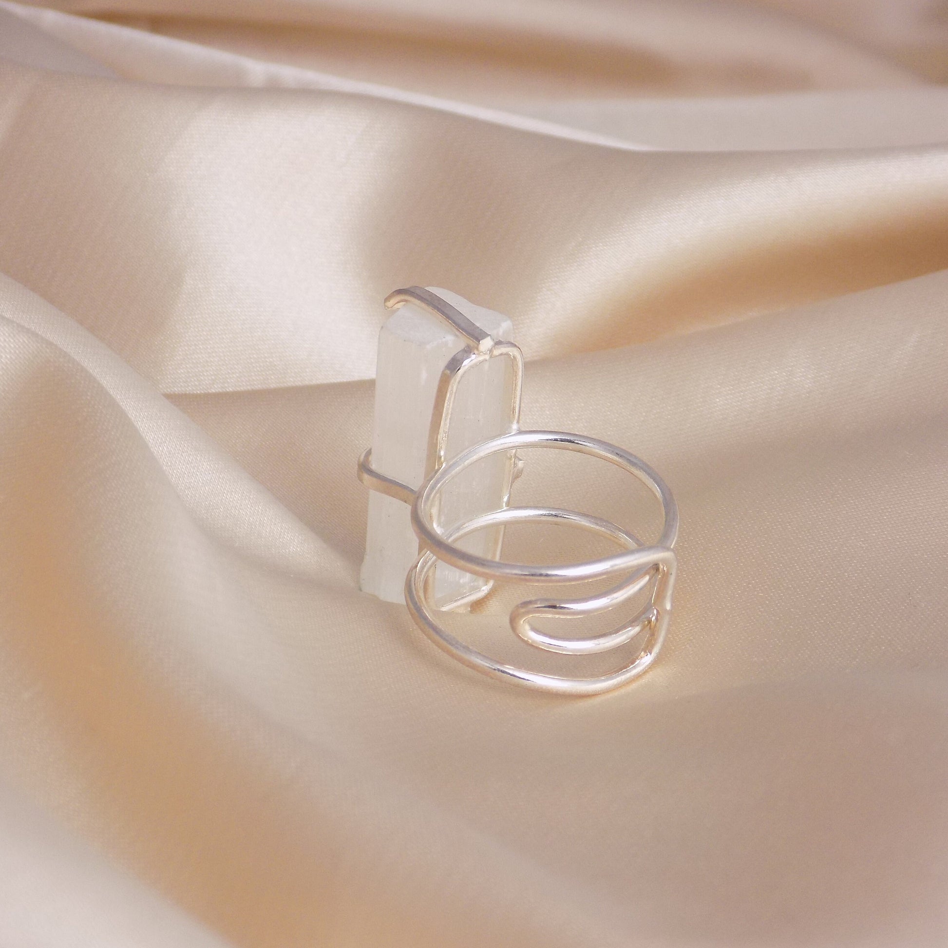 White Selenite Ring Silver Adjustable, Cleansing Healing Crystal Rings for Women, Christmas Gifts For Her, G15-177