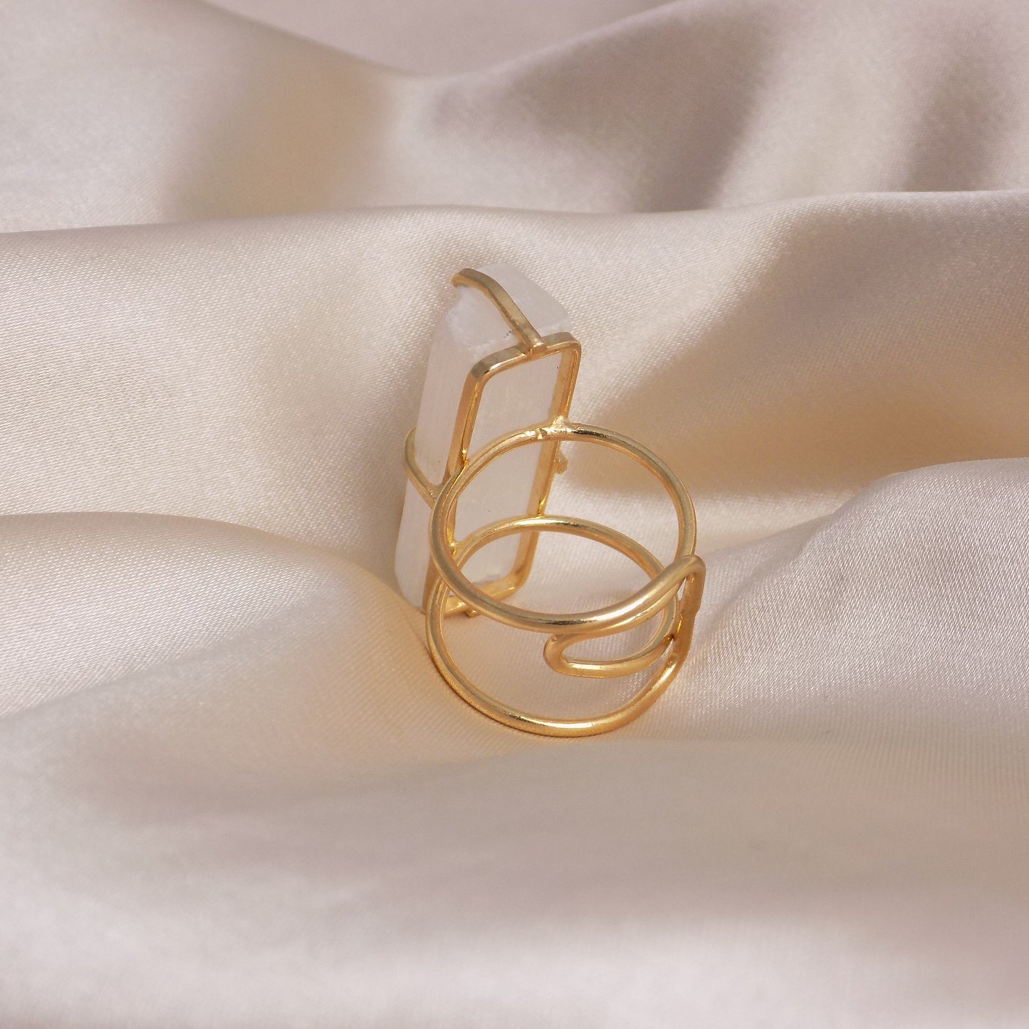 Christmas Gift - White Selenite Ring Gold Adjustable - Raw Crystal Jewelry - G15-242